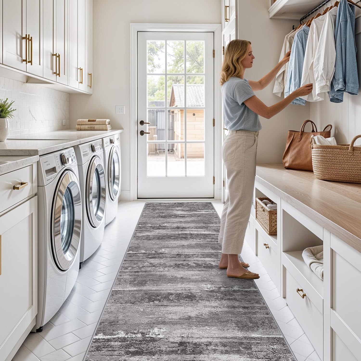 YOUFORTONG Washable Runner Rug 3x10 - Non Slip Stain Resistant Indoor Carpet for Kitchen Hallway Bedroom Soft Low Pile Modern Abstract Home Decor Floor Mat for Bathroom Laundry 3x10 Black image 4