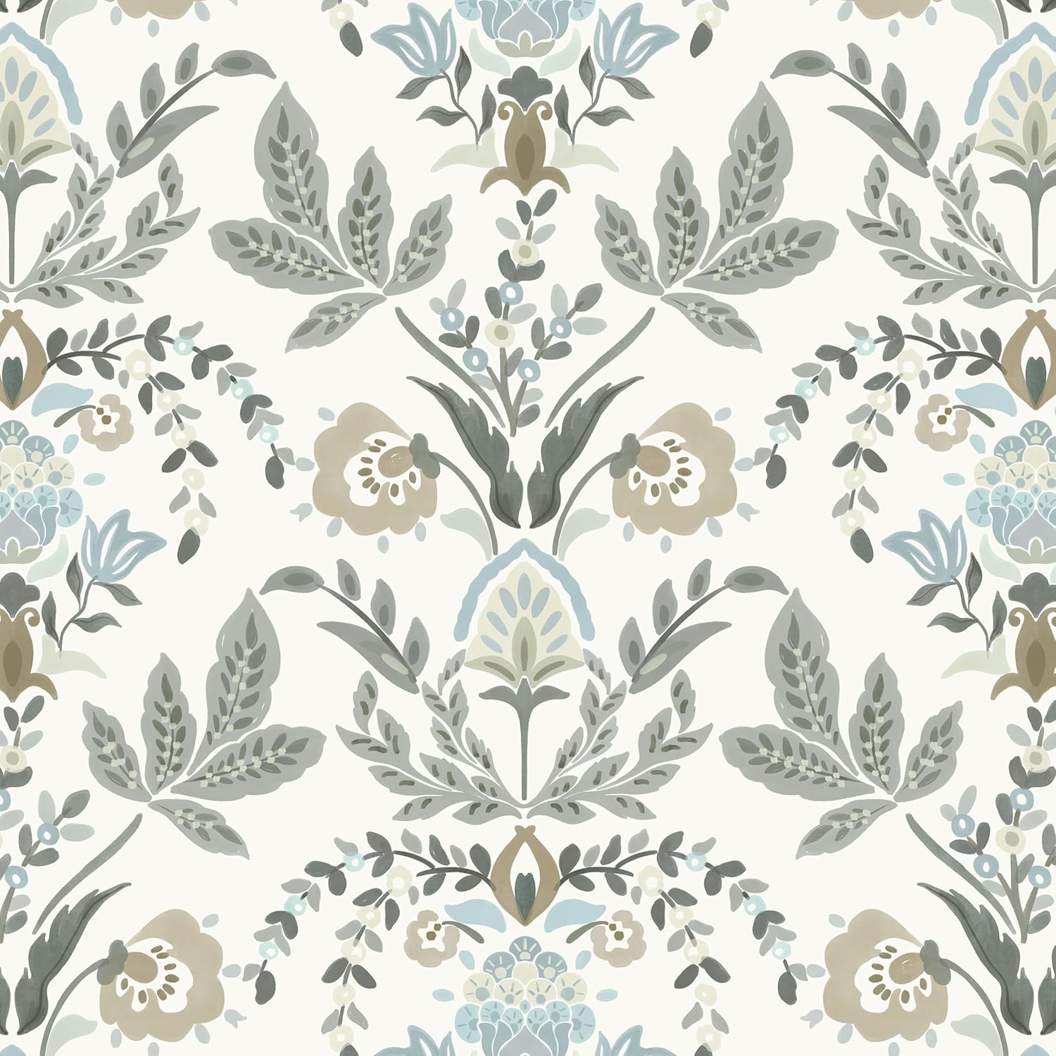 Dimoon Vintage Peel and Stick Wallpaper Boho Floral Leaf Contact Paper 394''x17.3'' Beige Grey Botanical Cottage Core Wallpaper Renter Friendly Damask Wall Paper for Bedroom Bathroom Decor Vinyl