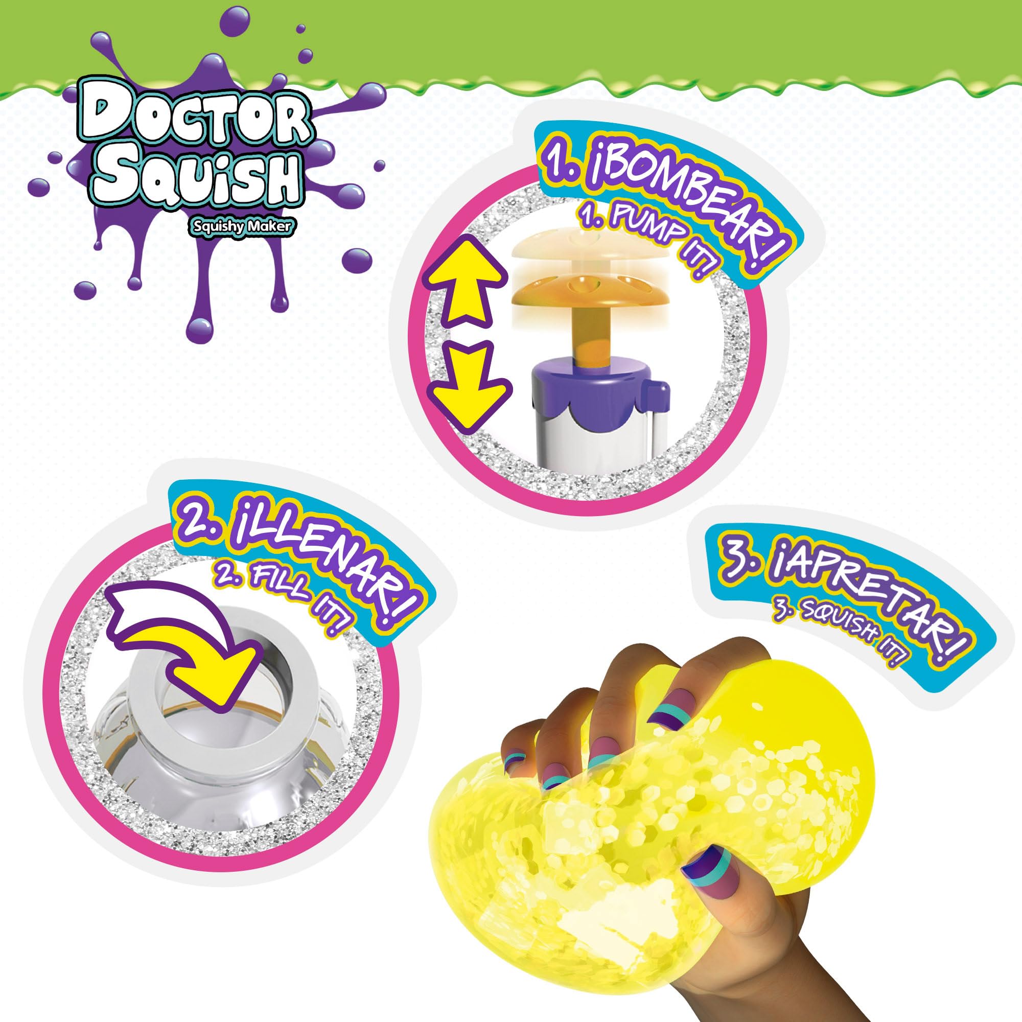 Doctor Squish Estación fábrica de squishies Glow it!, Neon Edition, hasta 8 squishies, Brillan en la Oscuridad, Incluye estación Manual, Cápsulas, Pinzas, Slime y Rellenos, Desde 8 años (48439)
