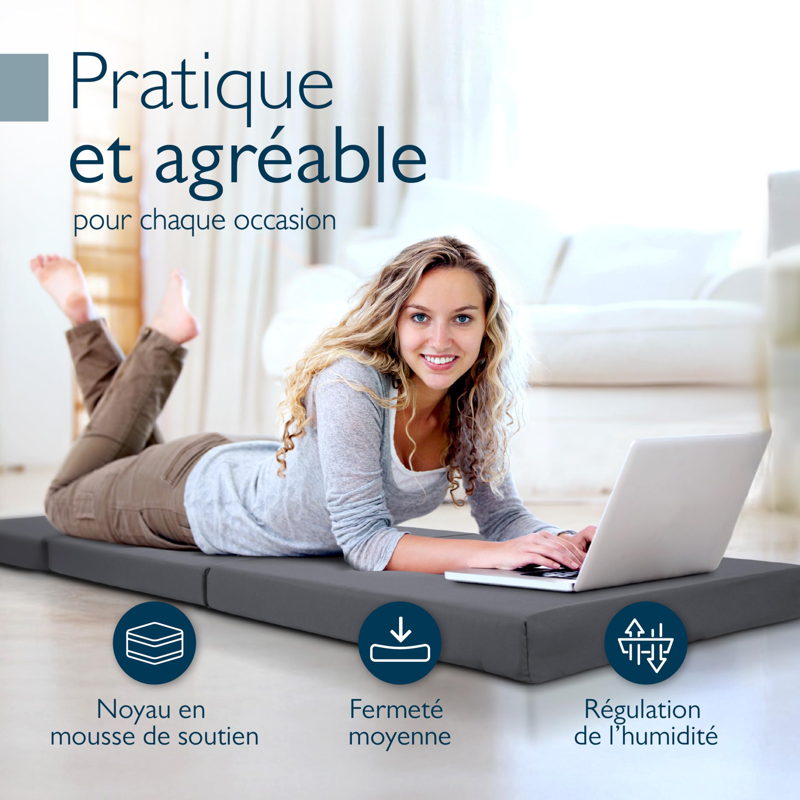 Beautissu Matelas Pliable 1 Personne Adulte 60x190 cm - Mousse Chauffeuse 1 Place Matelas de Sol Camping Pliant Futon Voyage Lit d'Appoint Anthracite – Campix