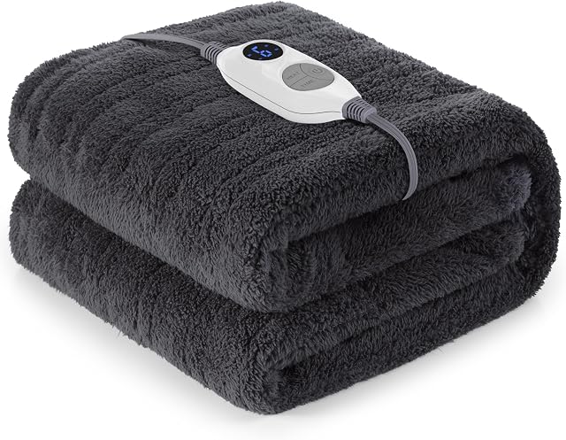 Warmrest Electric Blanket Heated Throw Blanket, 6 Heat Levels Fast Heating, 1 to 10 Hours Auto-Off Detachable Controller Soft Fabric Machine Washable, Grey 130x160cm