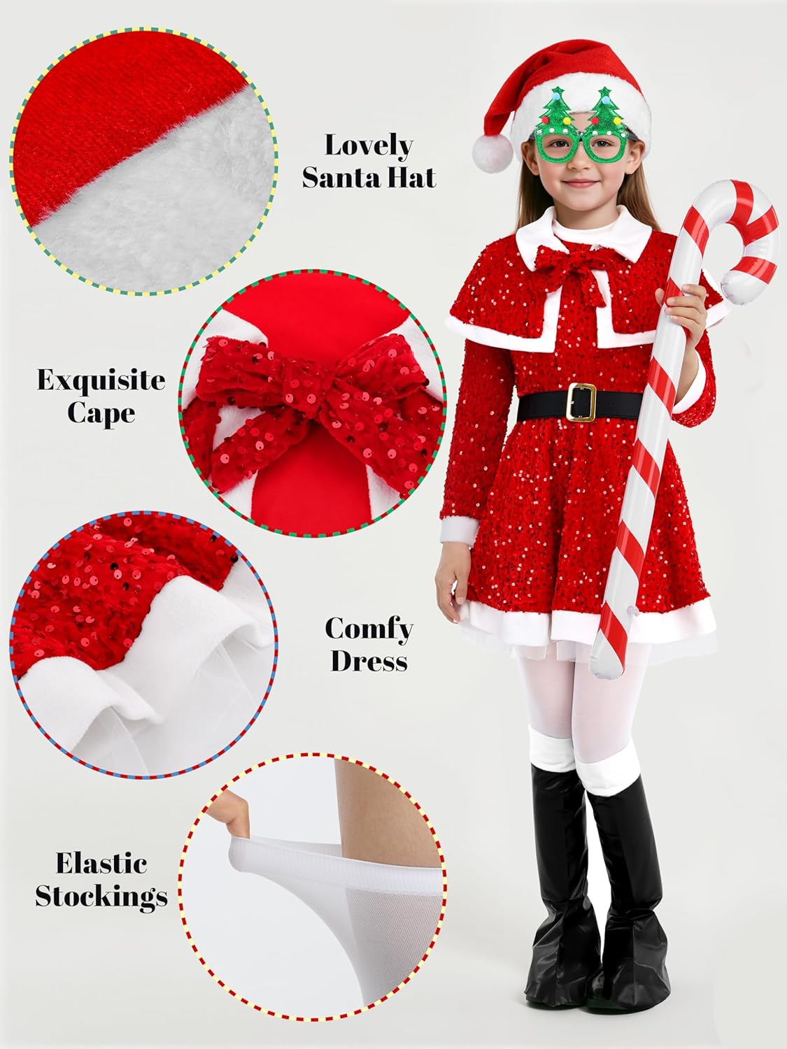 RUODON Kids Santa Costume, Christmas Girls Santa Dress Set with Hat Glasses Cape Belt Cane Socks Boot Covers - Image 3