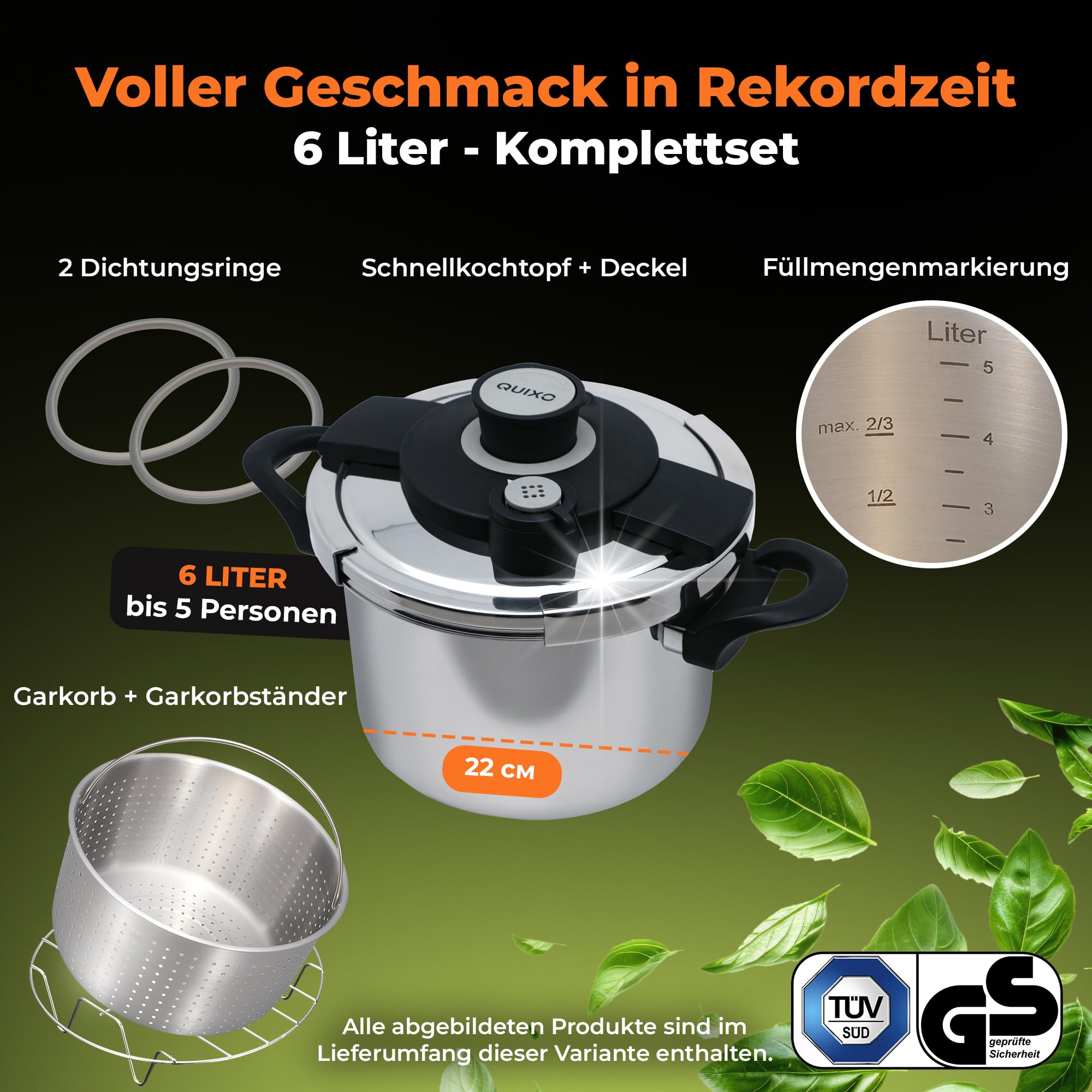 QUIXO Schnellkochtopf 6L VitaSmart mit Kochzeitsignal für alle Herdarten [NEU mit Füllmengenmarkierung] Dampfkochtopf mit 2 Garstufen (6L + Garkorb)