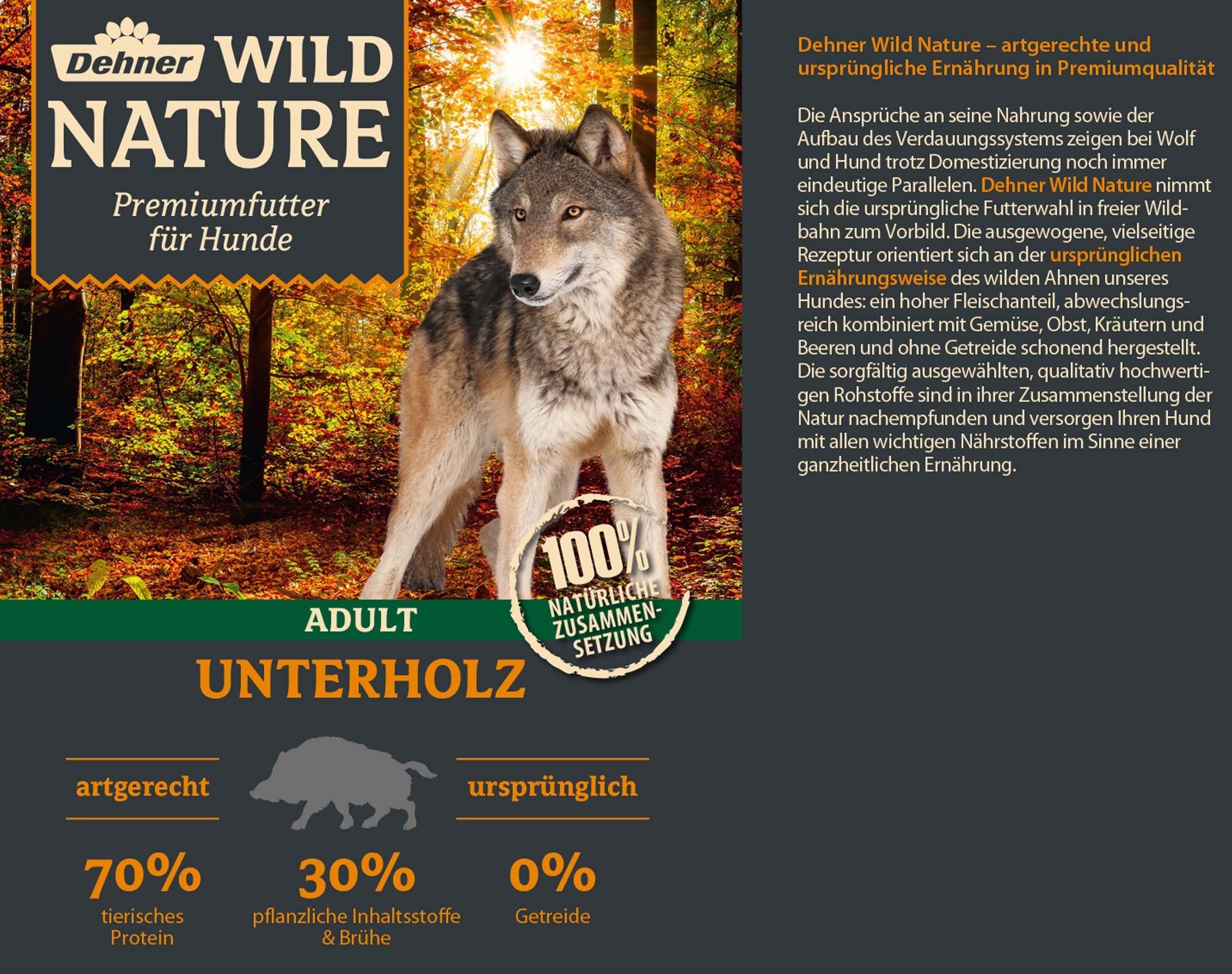 Dehner Wild Nature zestaw próbnej karmy dla psów, mokra karma bez zbóż/bez cukru, dla dorosłych psów, kaczek, koni, dziczyzn, królików, 6 x 400 g puszka (2,4 kg)