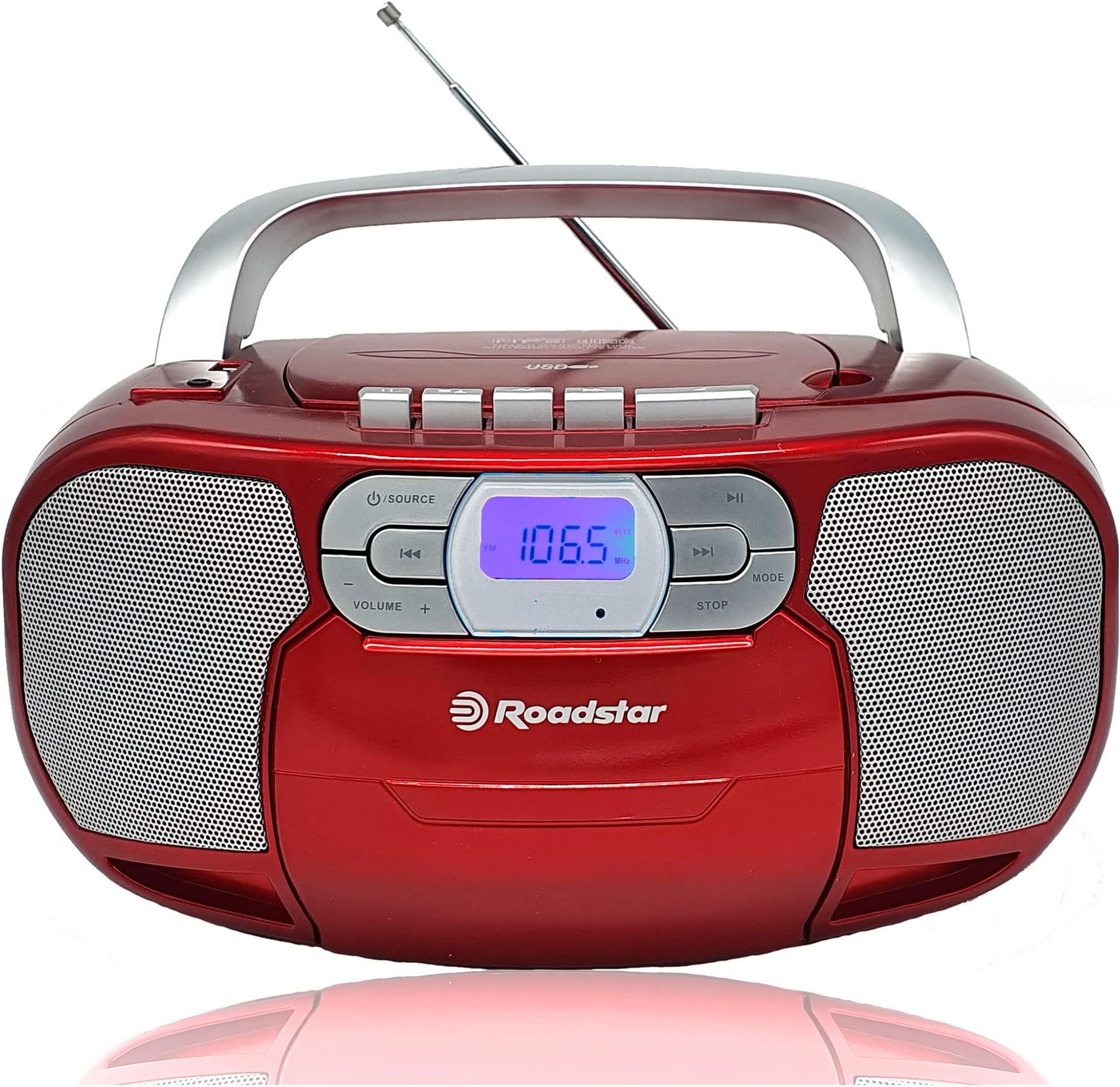 Roadstar RCR-4635UMP/BL draagbare CD-radio cassette, digitale radio PLL FM, Boombox CD-MP3-speler, USB, AUX-IN, hoofdtelefoonuitgang, blauw