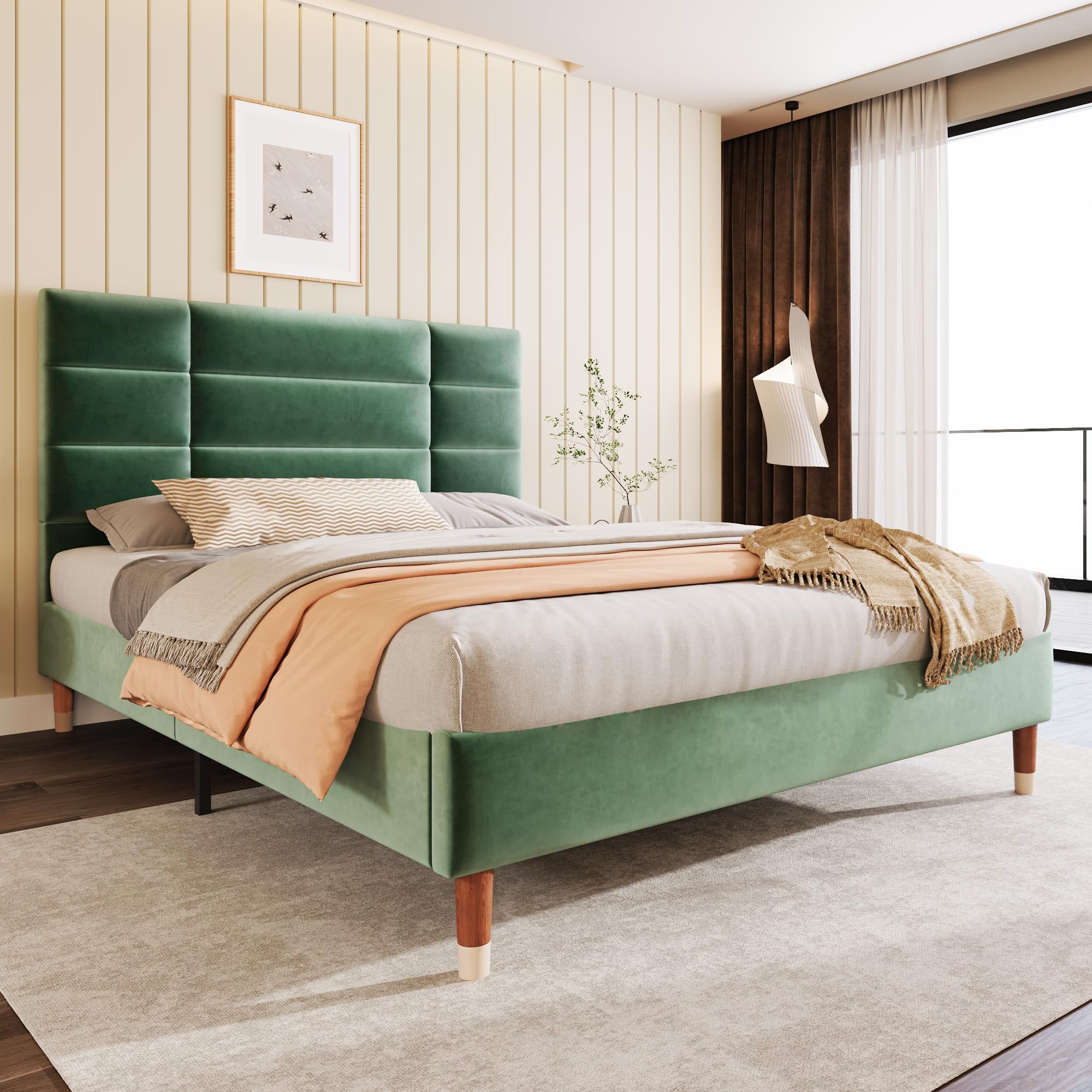 Merax Cama tapizada de 140 x 200 cm, Cama Doble con somier y Espacio de Almacenamiento Debajo de la Cama, Estructura de Cama Acolchada con cabecero, Terciopelo Verde Oscuro, para Adultos y jóvenes