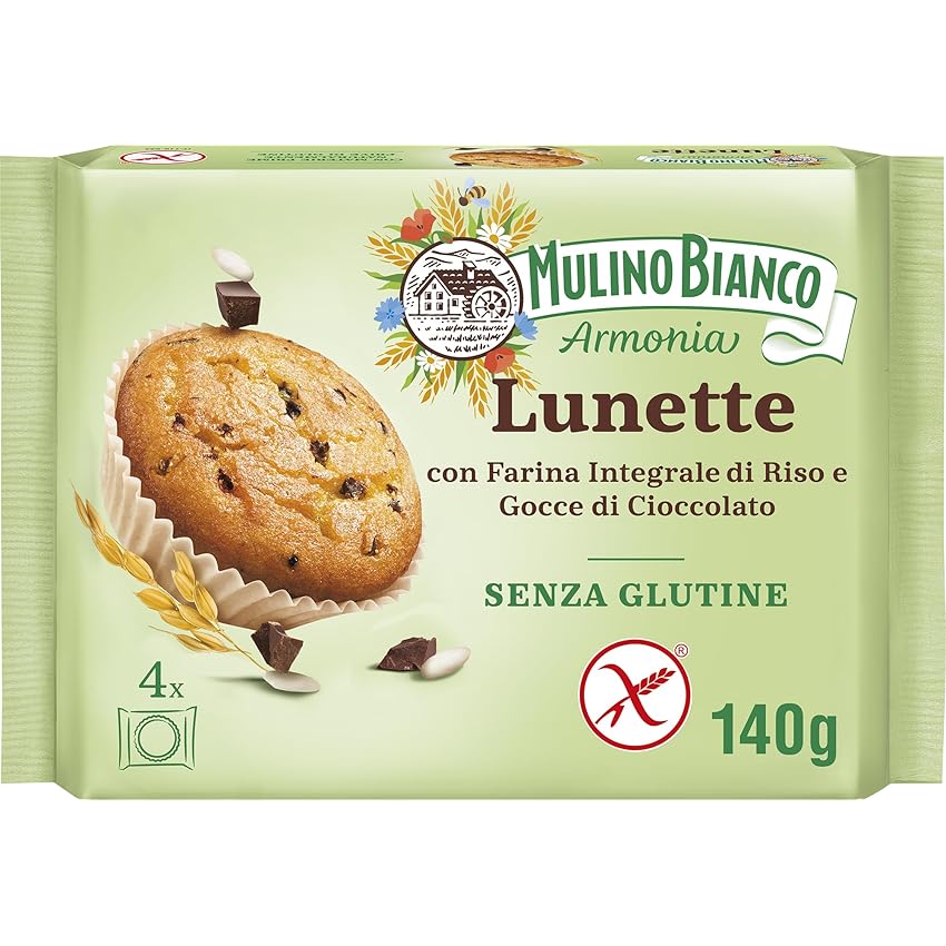 Mulino Bianco Lunette Tortina Senza Glutine con Farina Integrale di Riso e Gocce di Cioccolato, Merenda Senza Glutine e Senza Olio di Palma, Mulino Armonia, Confezione con 4 Monoporzioni