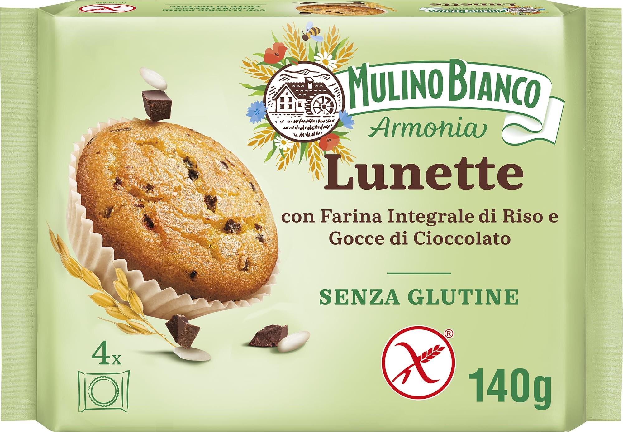 Mulino Bianco Lunette Tortina Senza Glutine con Farina Integrale di Riso e Gocce di Cioccolato, Merenda Senza Glutine e Senza Olio di Palma, Mulino Armonia, Confezione con 4 Monoporzioni Lunette Senza Glutine