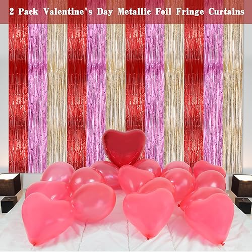 Miniatura 4 de Paquete de 2 cortinas de flecos metálicos para el día de San Valentín de 3.2 x 9.8 pies, cortinas de oropel rojo, morado, oro rosa, serpentinas,