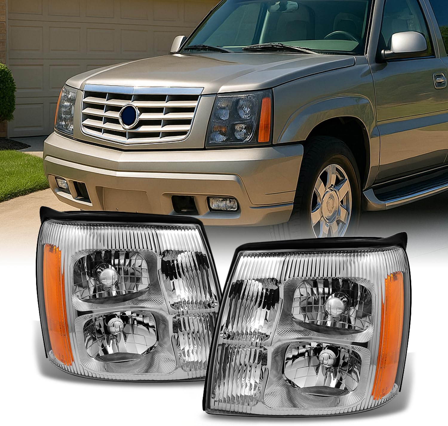 AKKON - For Cadillac Escalade Chrome Clear Halogen Type Headlights Front Lamps Replacement Pair Left + Right