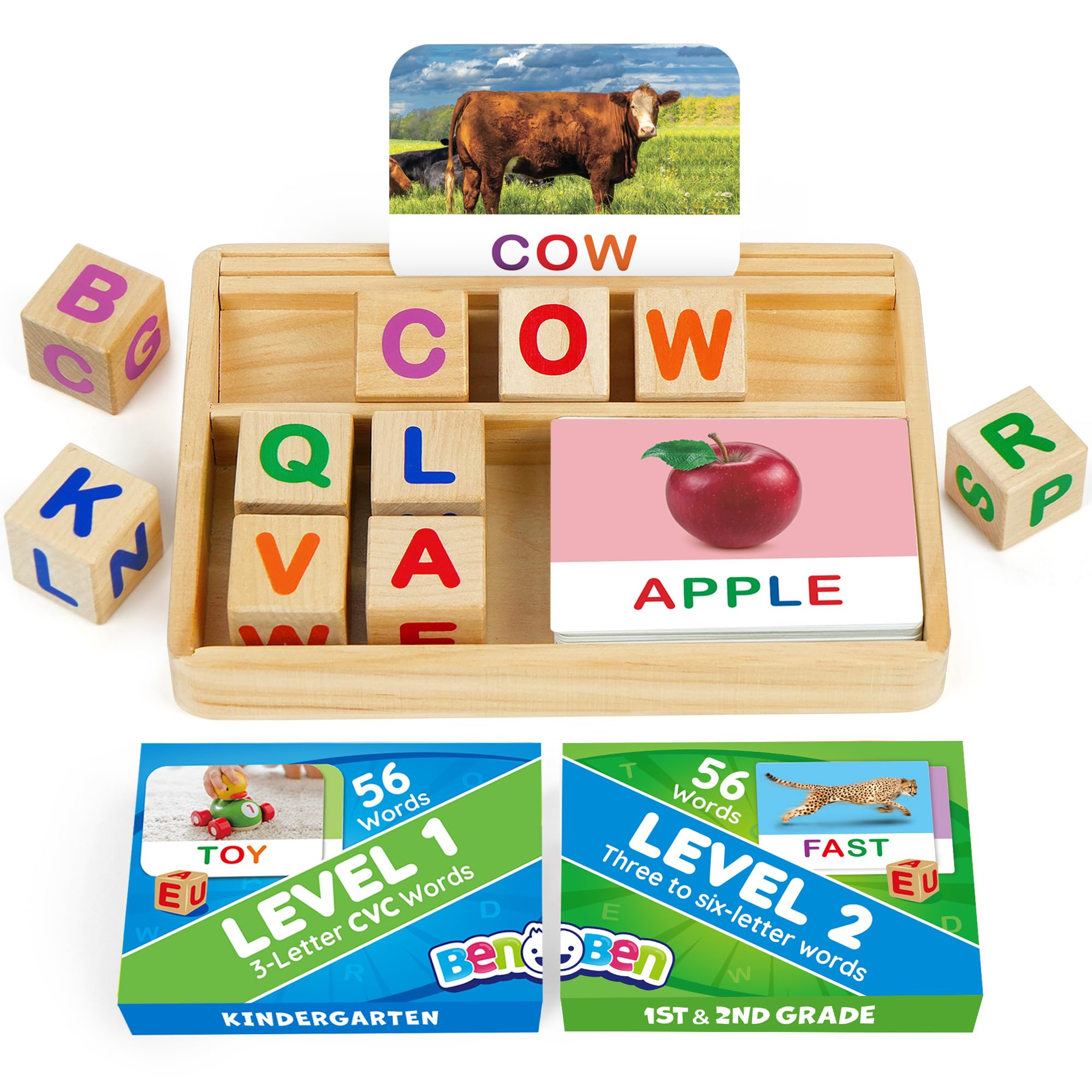 BenBen Spelling Games with Flash Cards, 112 Words, Montessori Toys for 3 4 5 6 Years Old Kids, Wooden Matching Letters Games, CVC Word Educational Learning Toys, Gift for Preschool Kindergarten