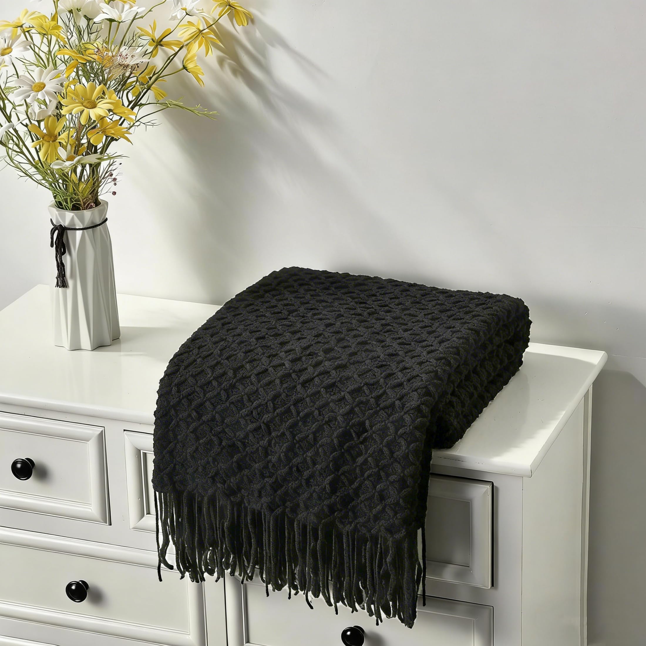 CREVENT Country Style Boho Knitted Blanket for Couch, Sofa, Armchair, Bed and Home Decor - Soft, Warm, Cosy and Lightweight for Spring, Summer and Autumn (127 x 152 cm, Black) 3d Black