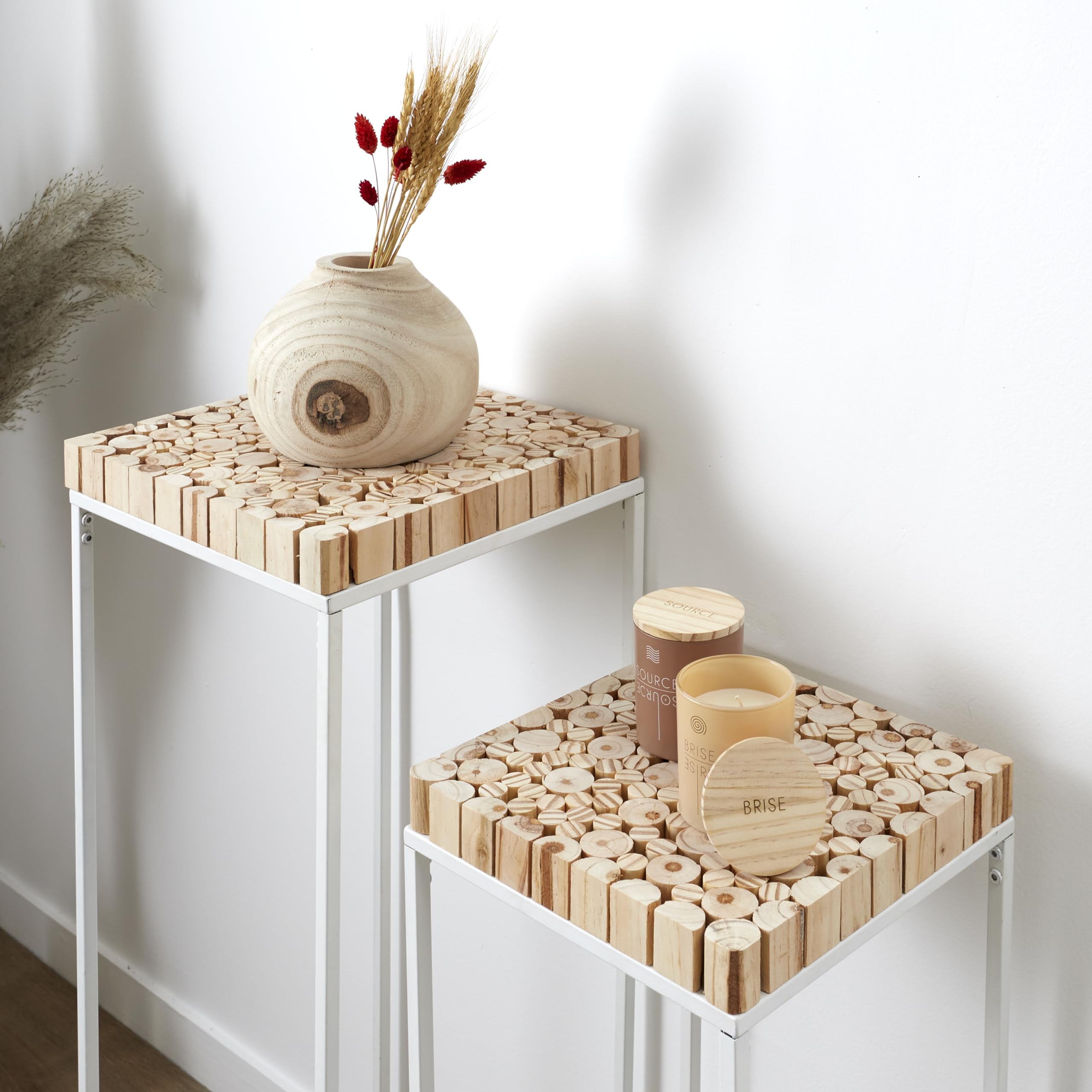 HOME DECO FACTORY Lot de 2 Sellettes Gigognes Bois et Métal Marron | Bois de pin et métal, lot de 2 sellettes gigognes, design contemporain, salon ou entrée, gain de place, 34x34x90 cm, marron