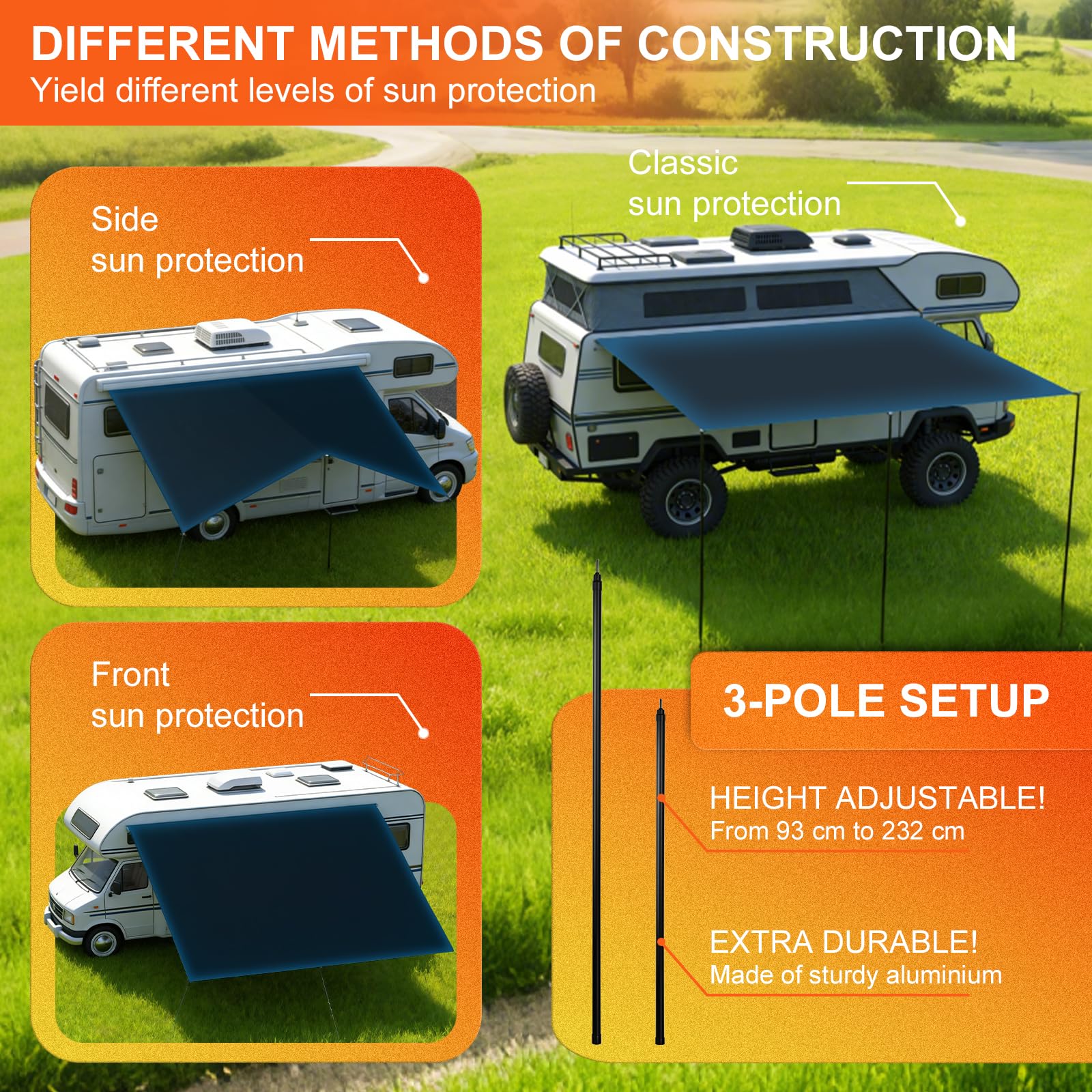 Sonnensegel Wohnwagen Komplett ausgestattetes Sonnensegel Camping 4x2,4 m | Markise Tarp für Sonnen- und Regenschutz - Kompatibel mit Wohnwagen,Camper,Vans,Kastenwagen und Wohnmobilen