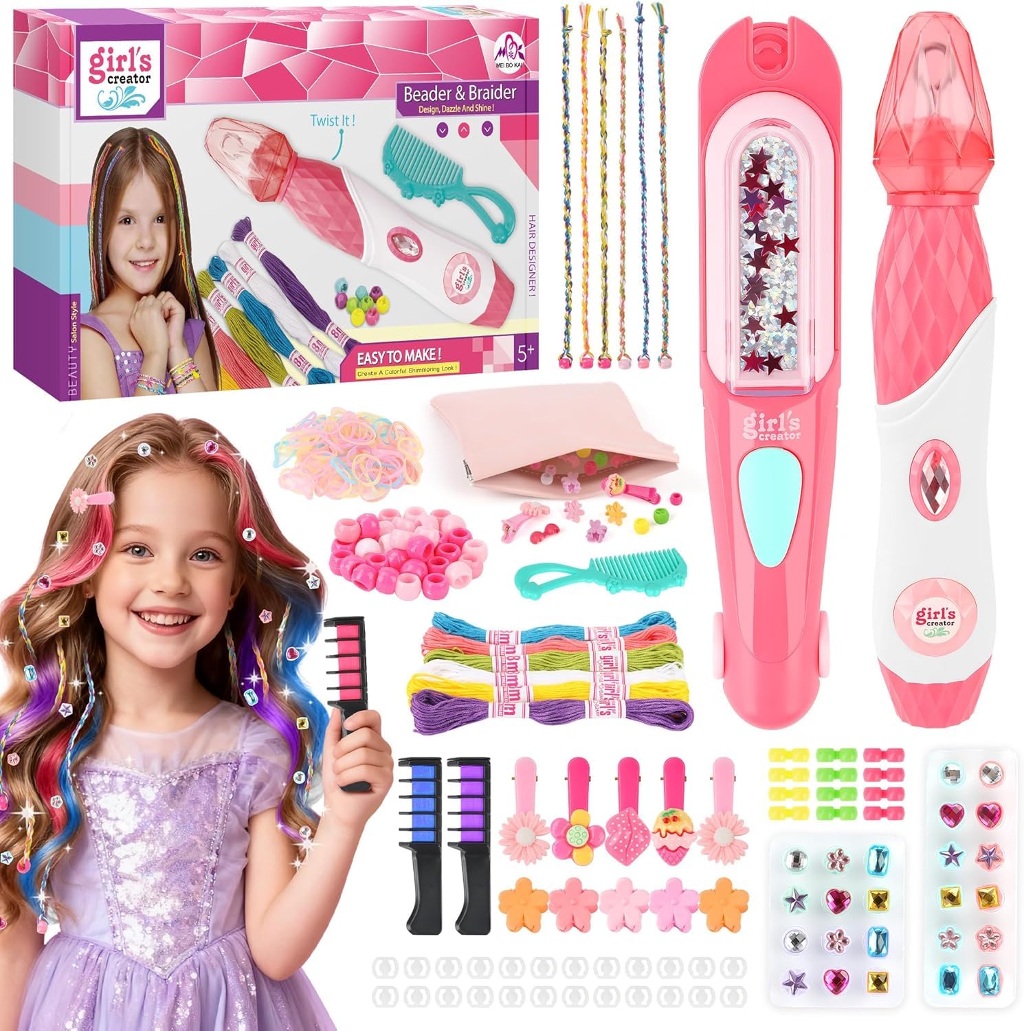 Kit de broderie de cheveux JONRRYIN 3-en-1, machine à tresses automatique avec perles pour cheveux, machine à strass pour cheveux avec gemmes capillaires, ensemble de bijoux pour cheveux pour filles - 2