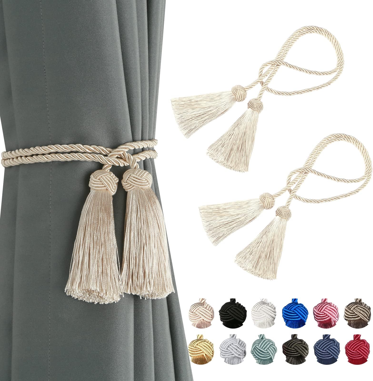 BEL AVENIR 2 Pack Curtain Handmade Tiebacks Decorative Curtain Holdbacks with Tassel (Beige, 2 Pack)