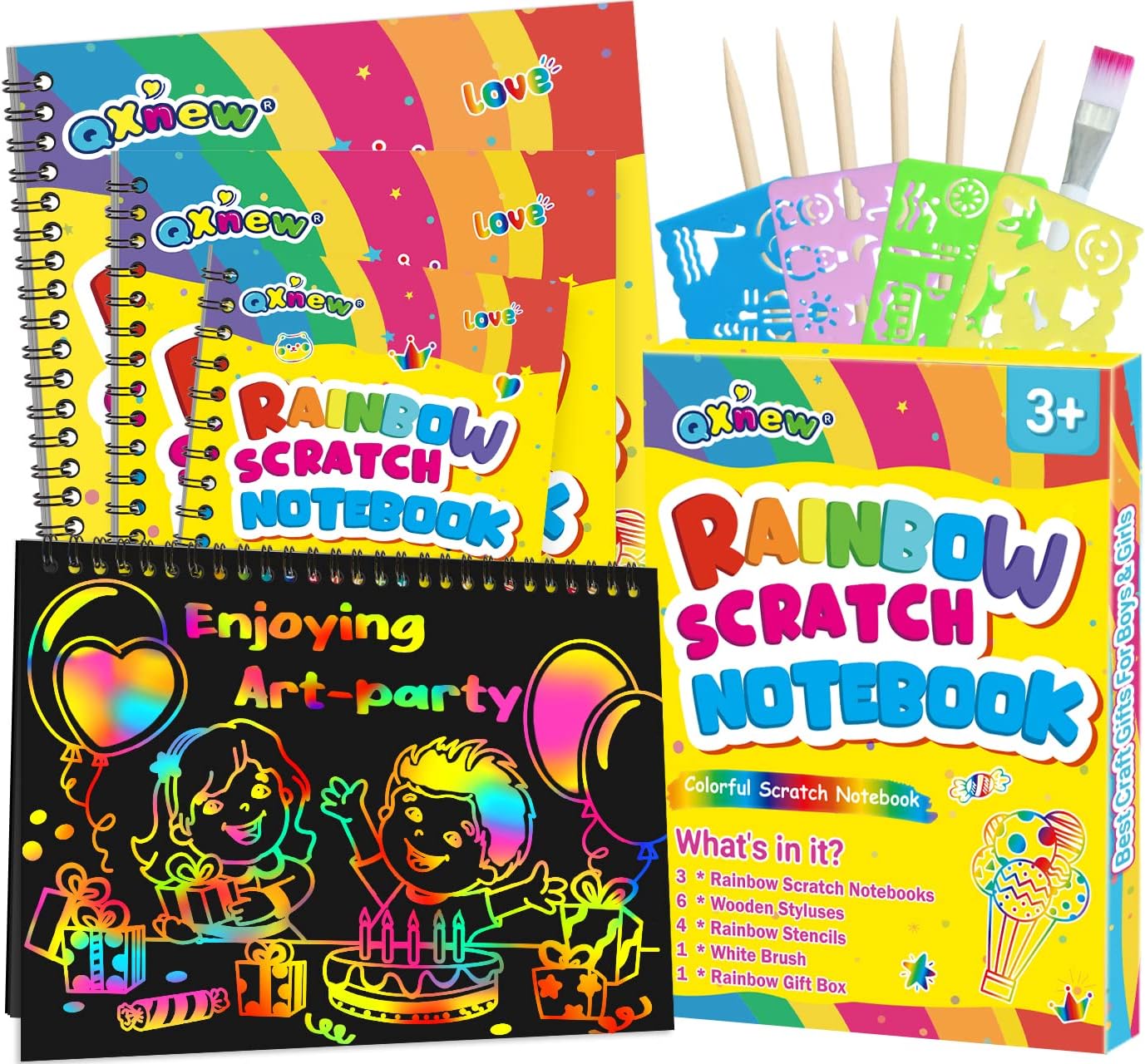 QXNEW Scratch Paper Art Gifts: Rainbow Scratch Off Art-Craft Supplies Kits Pad for 3 4 5 6 7 8 Year Old Boys Girls Toys for Birthday Christmas Halloween Thanksgiving Party Favors Fun Games : Toys & Games