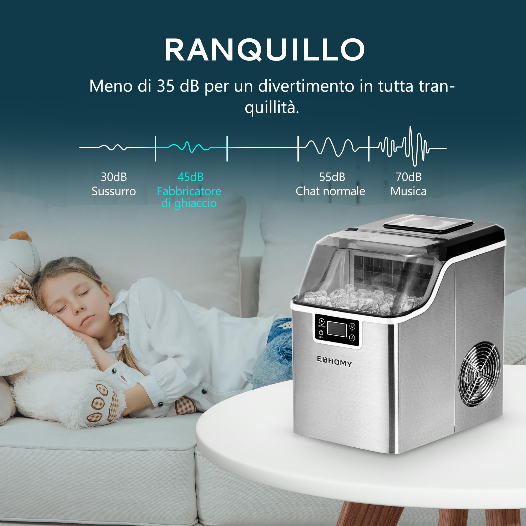 EUHOMY Eiswürfelmaschine für Zuhause: 24 Würfel in 13 Minuten, 20,5 kg/24 Stunden, selbstreinigend, 3,2 l Eismaschine mit Schaufel/Korb, für Küche/Büro, Edelstahl