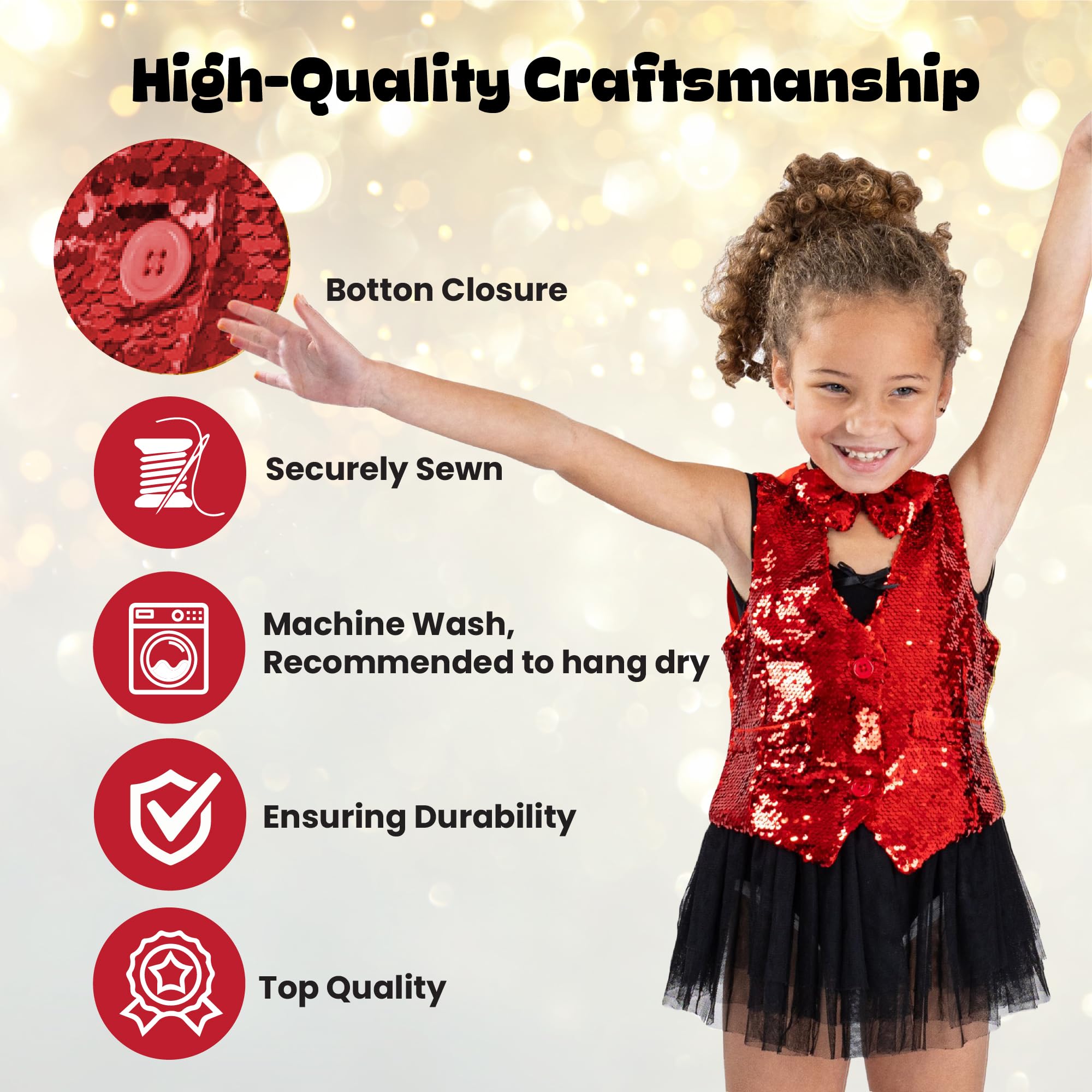 Dress Up America Sequin Vest with Bowtie, Red Sparkly Vest for Boys, Costume Dress Up Party Sequin Waistcoat for Kids - Image 4