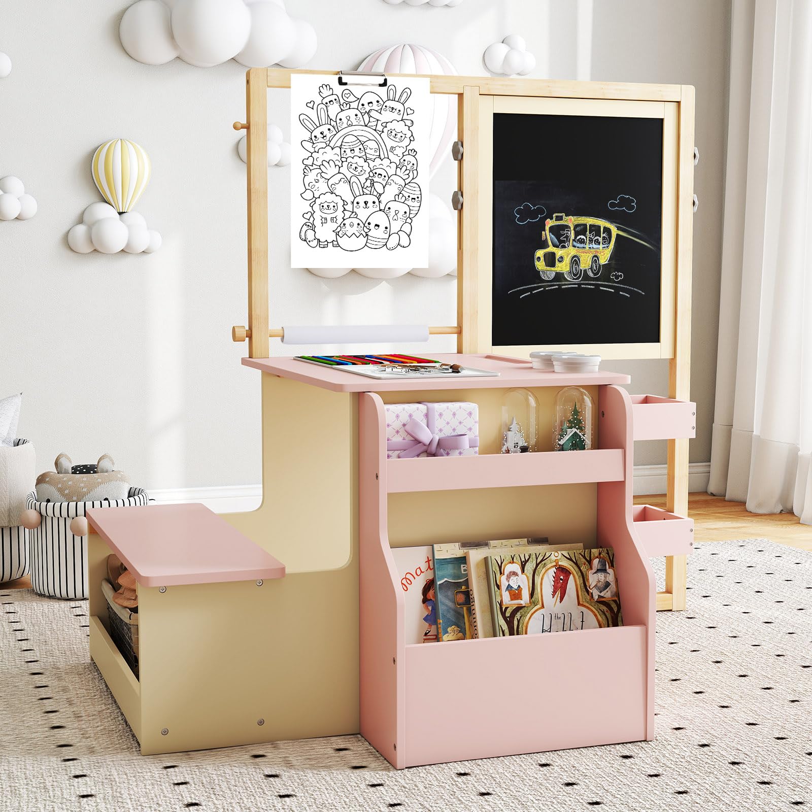 COSTWAY 6 in 1 Kinder Staffelei Set, Standtafel aus Holz mit doppelseitiger Kreidetafel & Whiteboard & Papierrolle, Kindertafel höhenverstellbar mit Bank, Ablagen für Kinder ab 3 Jahren (Rosa)