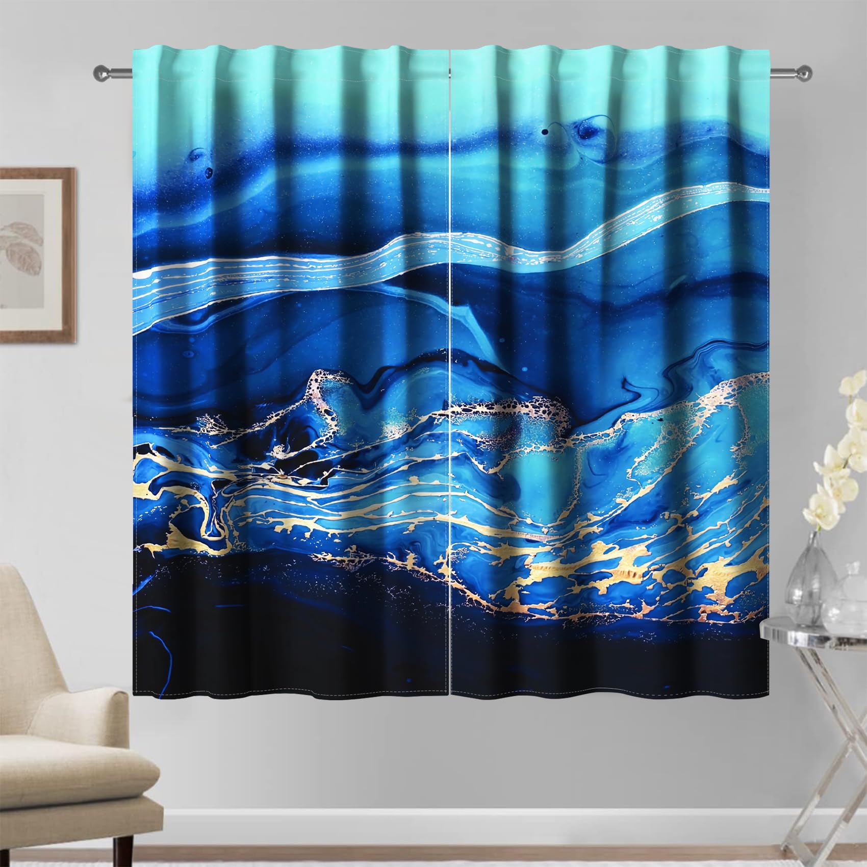 Kzzfqxb Noble Blue Curtains, Ocean Blue Luxury Golden Lines Water Flow Sea Waves Marble Curtains for Bedroom Living Room, 117×229cm 2 Panels Drape, Aesthetic Artistic Modern Art — image 1