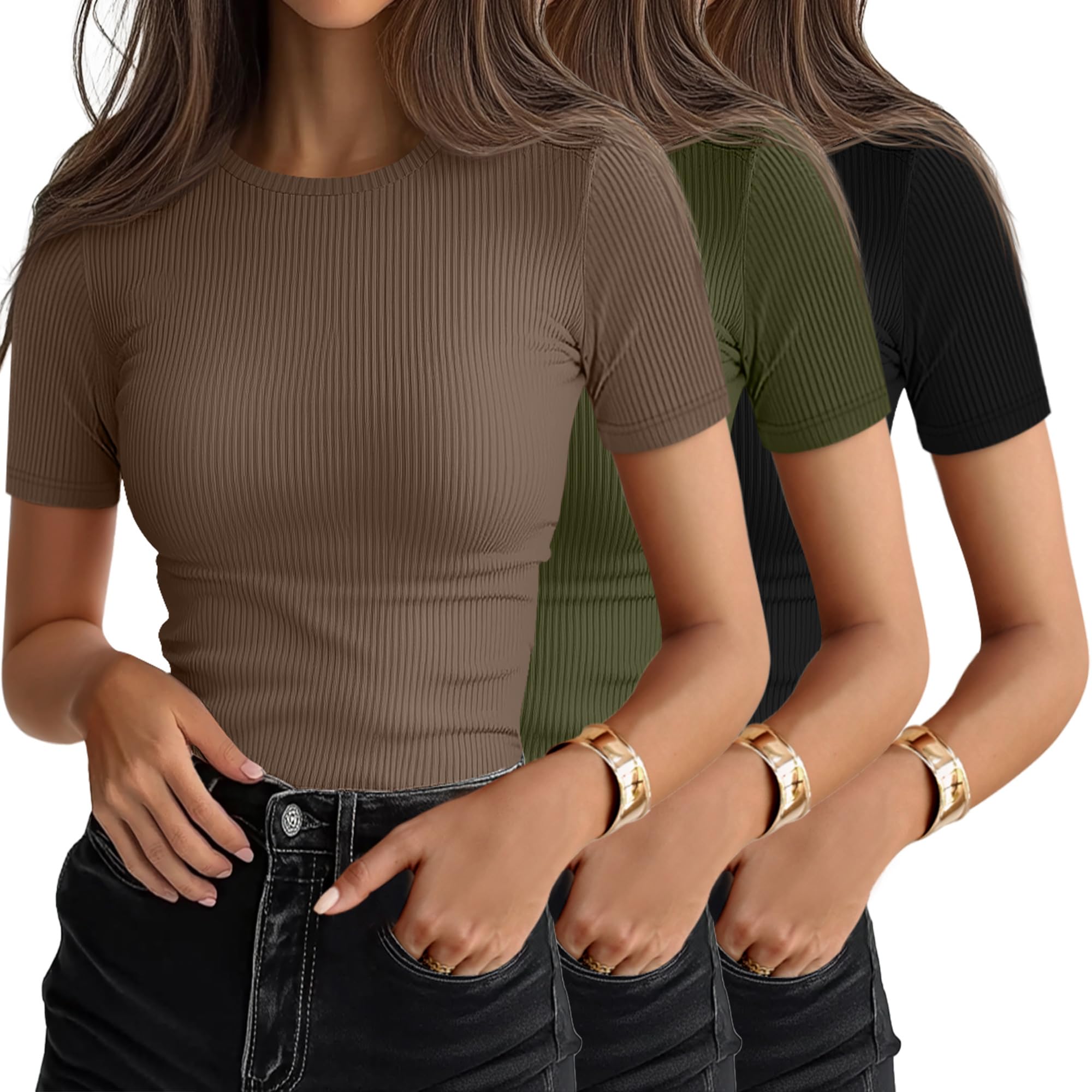 Ficerd 3 Pack Womens Ribbed T-Shirts Cotton Short Sleeve Basic Tees Crewneck Fitted Tops Casual Shirts 2026 Summer