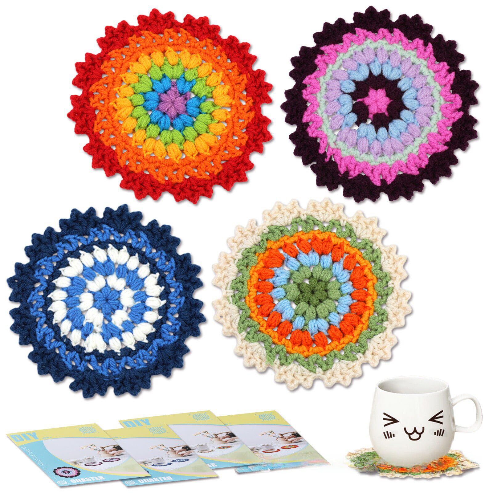 DIY Coasters Crochet Starter Kit Including Knitting Needles Set Yarn Beginner Crochet Kit with Instructions for Beginners and Professionals