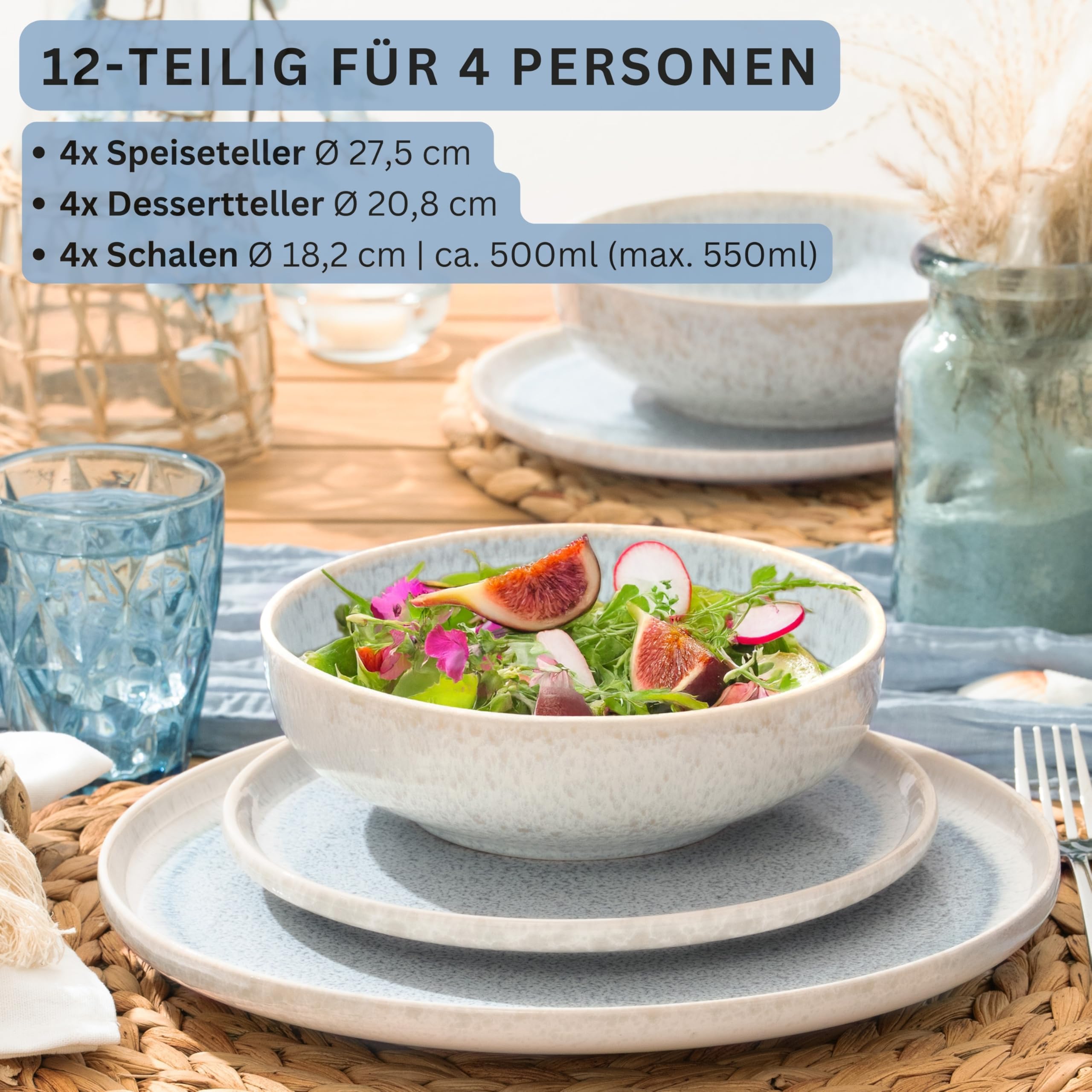 SÄNGER Vajilla Santorini de 12 piezas, juego de platos para 4 personas, juego de vajilla de gres, incluye platos de postre y platos profundos de color crema con degradado lila y azul, colección