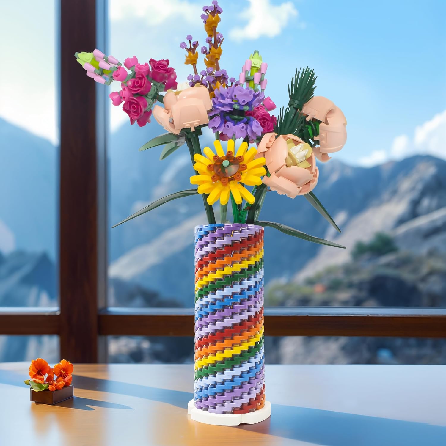 HI-REEKE Model 3008 Building Block Flower Vase displaying a colorful bouquet of building block flowers on a table with a scenic background