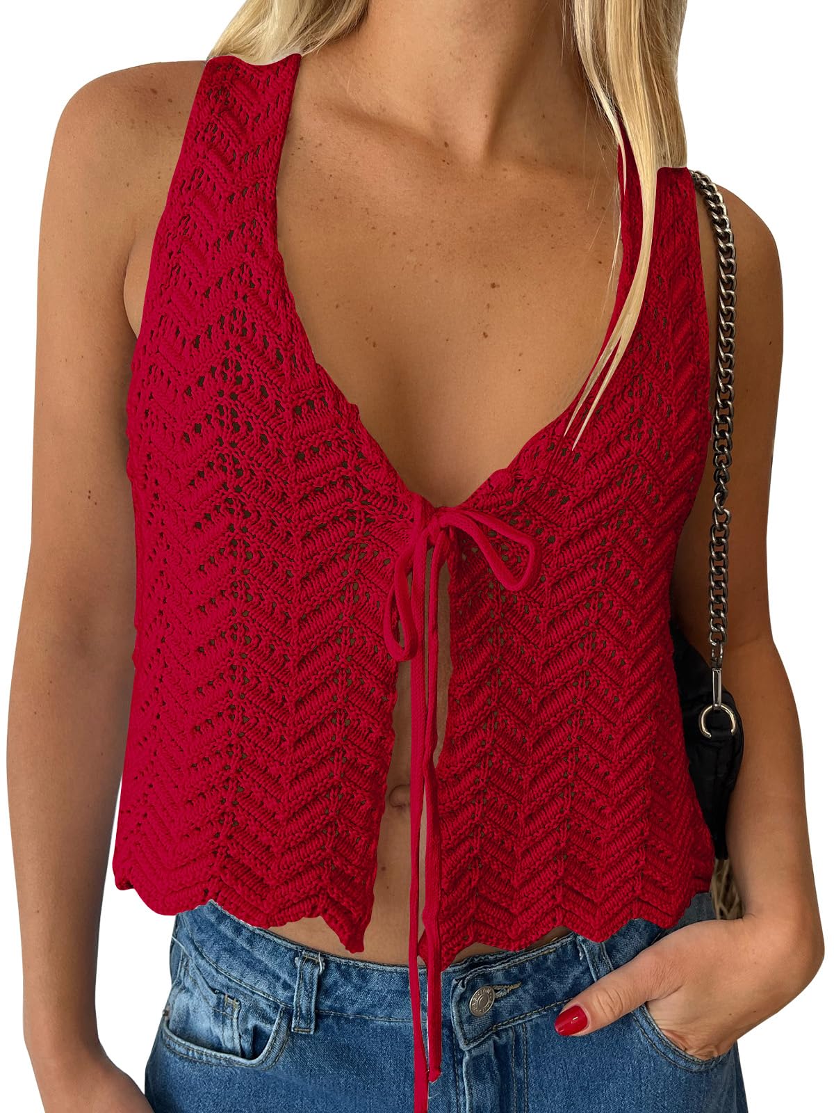 LILLUSORY Crochet Tops for Women Summer Vacation Outfits Beach Coverup Going Out Tie Front Spring Sweater Vest 2026 Fashion