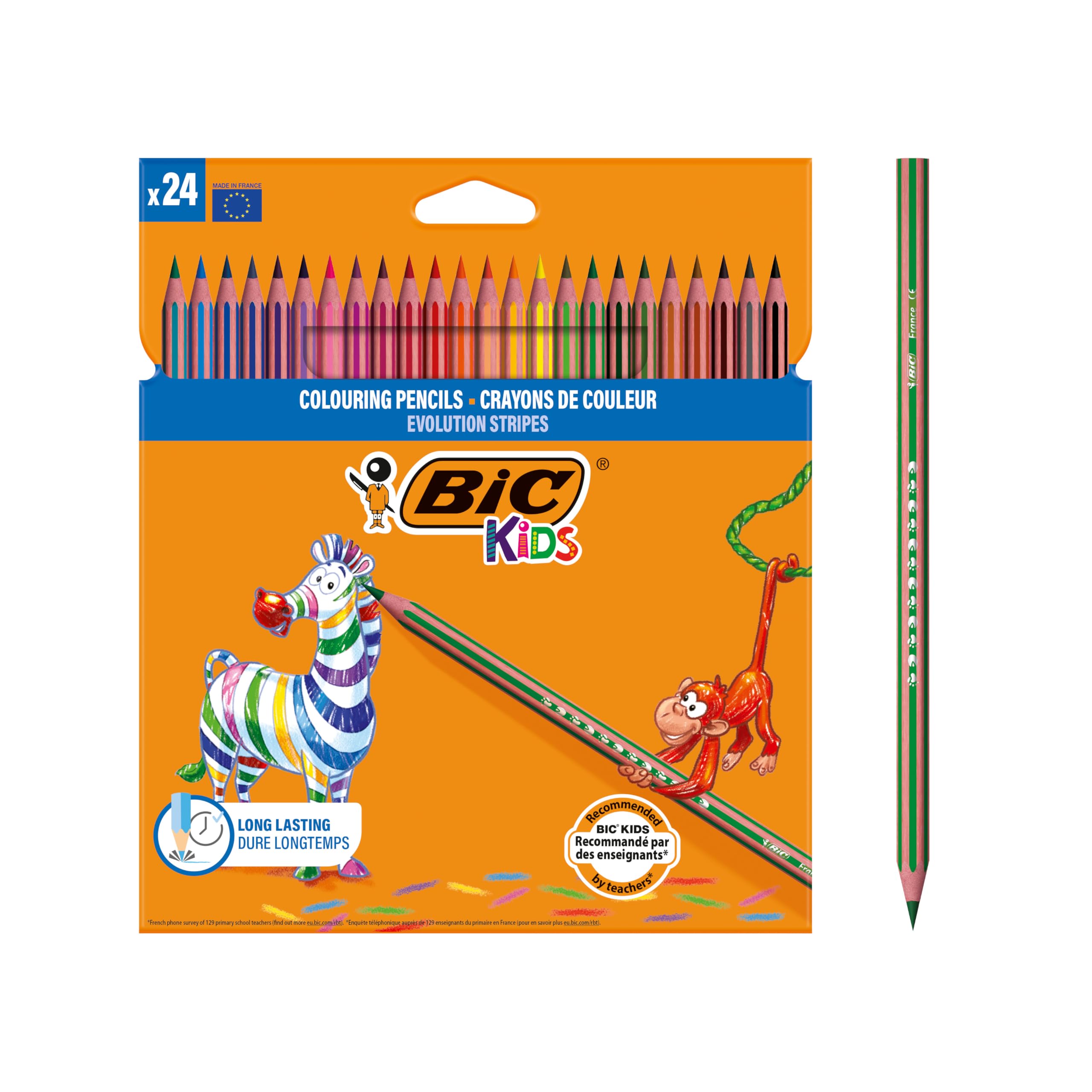 BIC Kids Evolution Stripes Kuru Boya Kalemi, 24'lü Kutu, Kıymık Oluşturmaz, Çiğnemeye Karşı Dayanıklı, Kolay Açılır