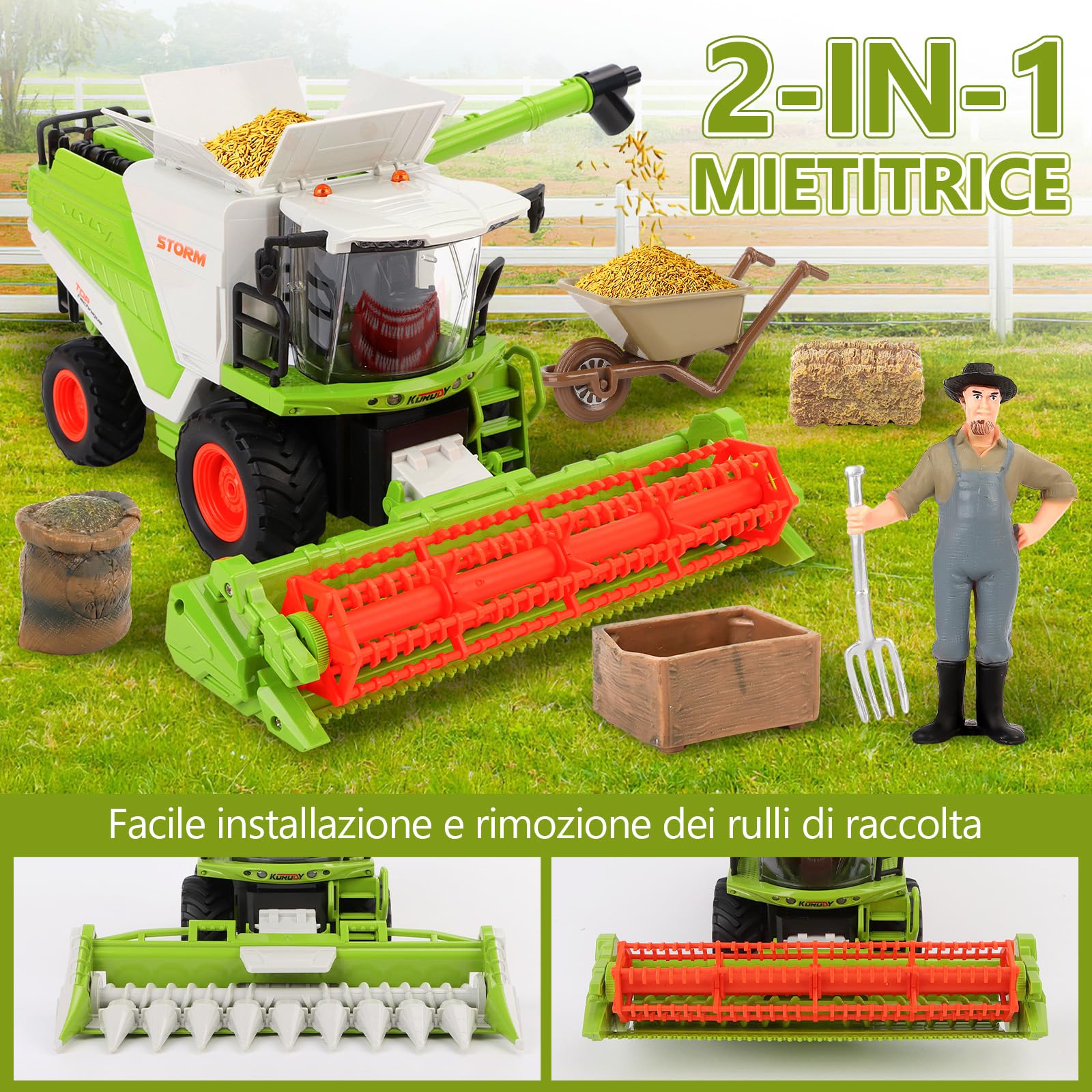 Charmofun Mietitrebbia Telecomandata con Spruzzatura, Trattore Radiocomandato per Bambini, 2,4 Ghz RC Trattore Giocattolo, Giocattoli Agricoltura Playset Regali