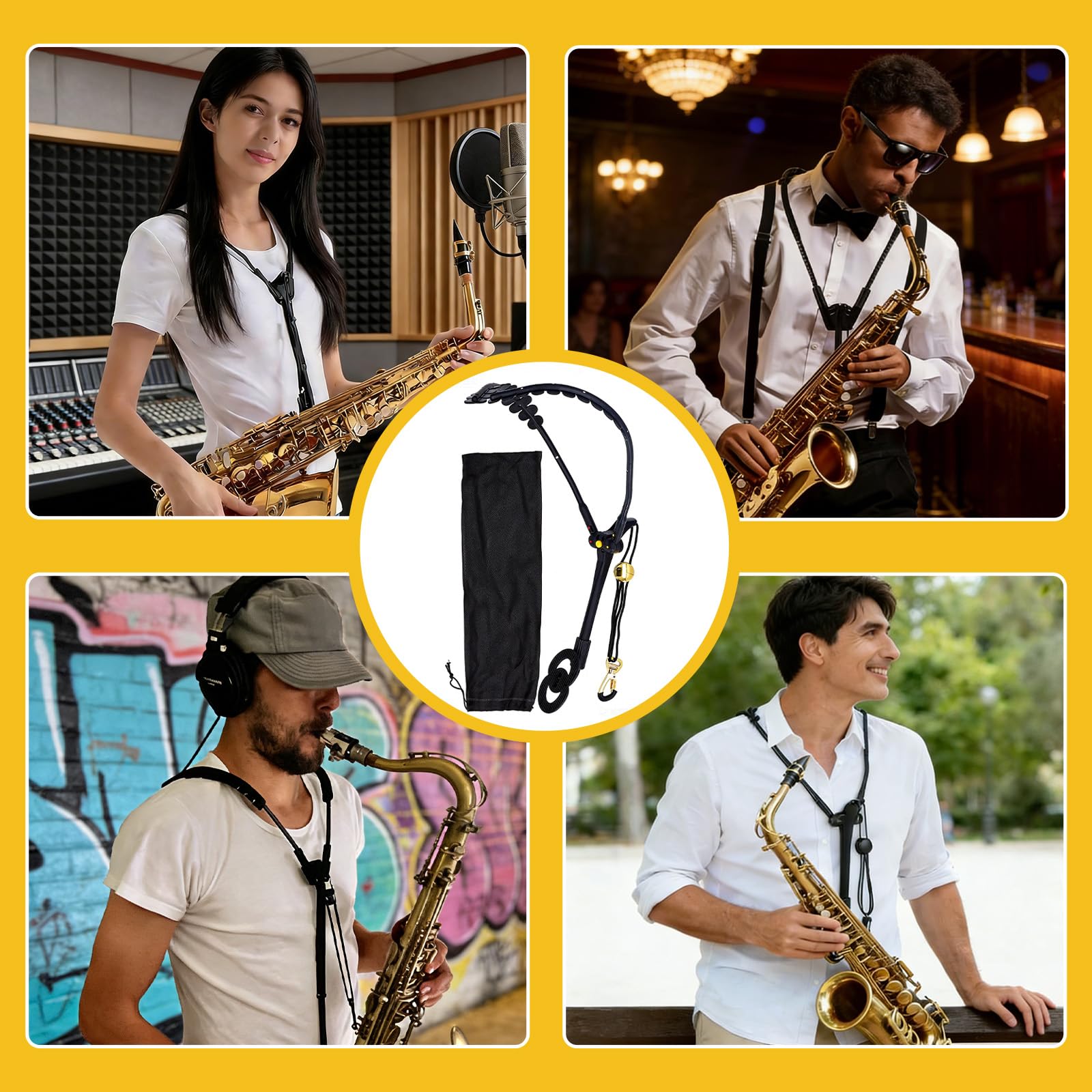 Sangle tour de cou réglable pour saxophone double harnais avec pivot à 360° et mousqueton en métal, bandoulière confortable pour saxophone alto et ténor