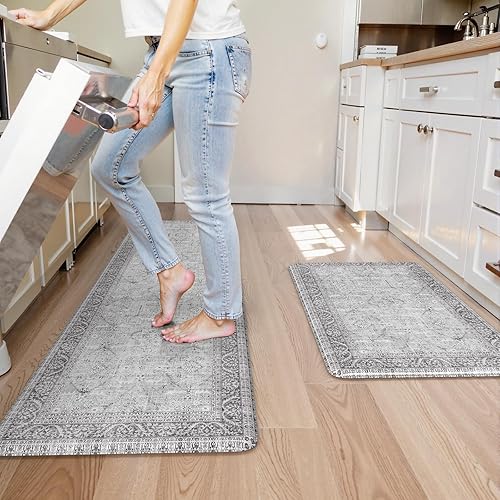 Vista 281 de KIMODE - Juego de 2 tapetes de cocina antifatiga, estilo vintage, antideslizantes, impermeables, ergonómicos, acolchados, cómodos para lavandería