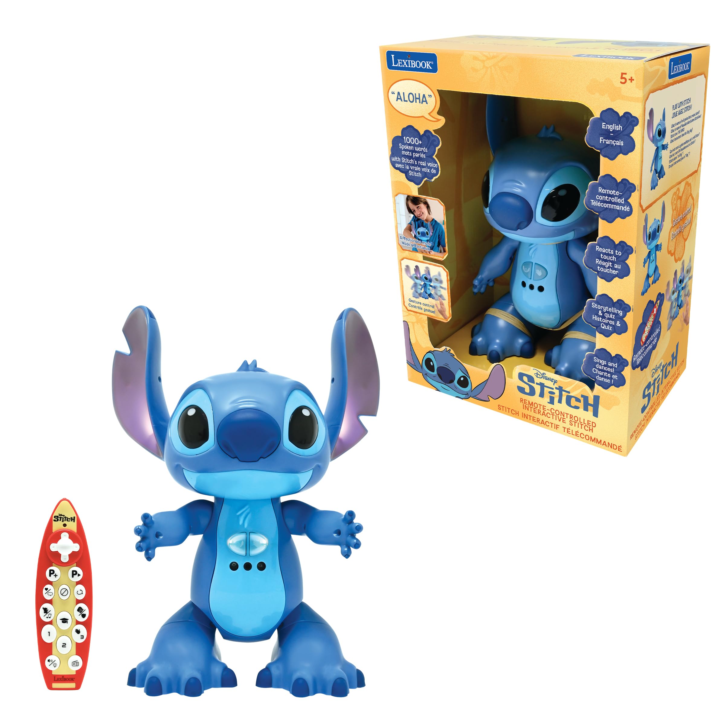 LEXIBOOK, Disney Stitch, Bilingual French English Interactive Toy, Gesture and Remote Control, Reacts to Touch, Programmable