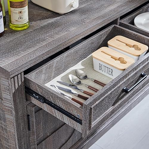 Miniatura 5 de JXQTLINGMU Aparador de buffet grande de 55 pulgadas con 3 puertas y 2 cajones, mesa de buffet, cafetería, barra de vino, armario de almacenamiento