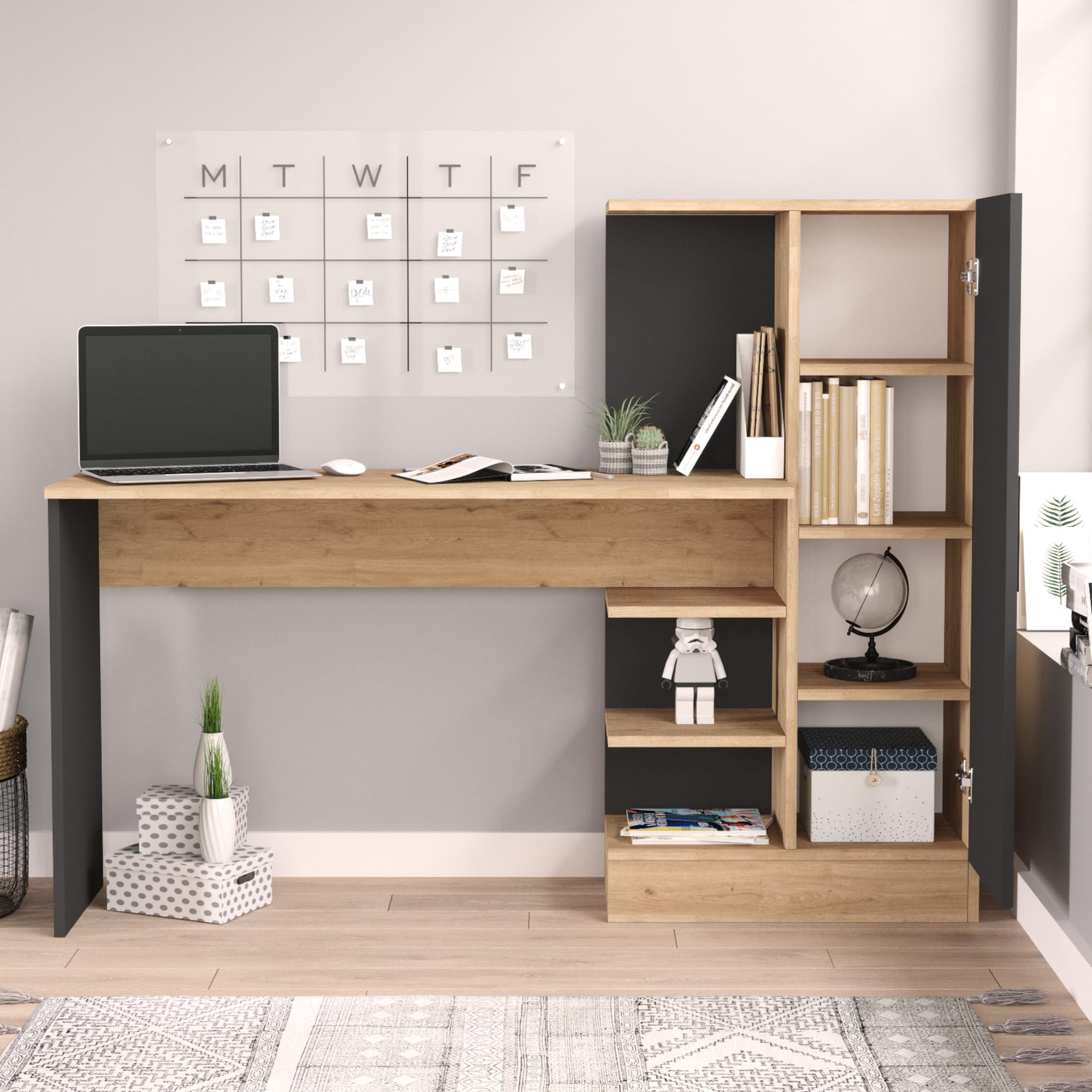 [en.casa] Scrivania con Armadio Integrato e Ripiani Aperti per Cameretta Tavolo da Ufficio Studio Postazione di Lavoro Computer con Piano 120 x 40 cm - Effetto Rovere/Antracite