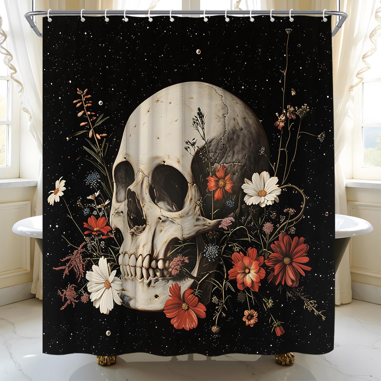 Skull Floral Shower Curtain Halloween Gothic Skeleton Vintage Flower Horror Spooky Witchcraft BlackHome Fabric Bathroom Decor Set Include Hooks,(70" Wx74.8 H)