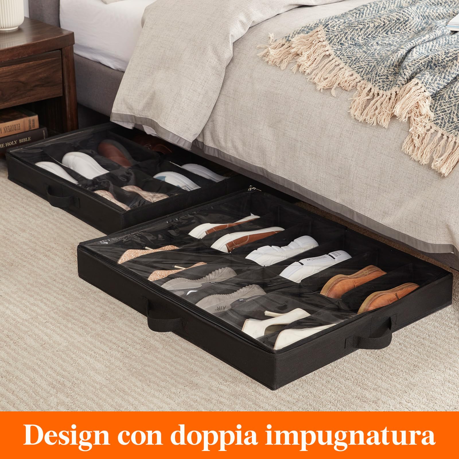 Lifewit Scatole per Scarpe con Finestra Trasparente, 12 Paia + 4 Paia, Contenitori Portaoggetti Pieghevole Sottoletto per Scarpe, Organizer per Scarpe con Manici Salvaspazio, Nero