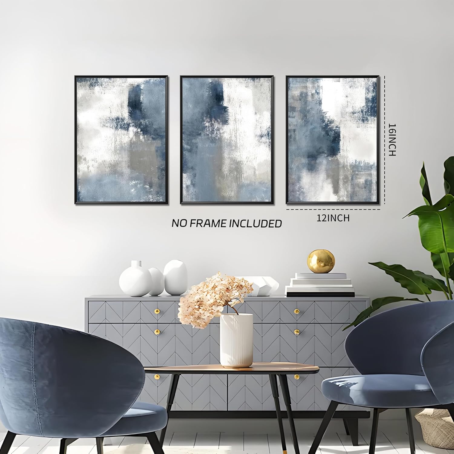 Blue And White Abstract Canvas Wall Art Set of 3, Navy Hand Graffiti Posters Prints, Minimalist Neutral Blue Printing for Living Room Bedroom Bathroom Office Decor 16X24 inch Unframed