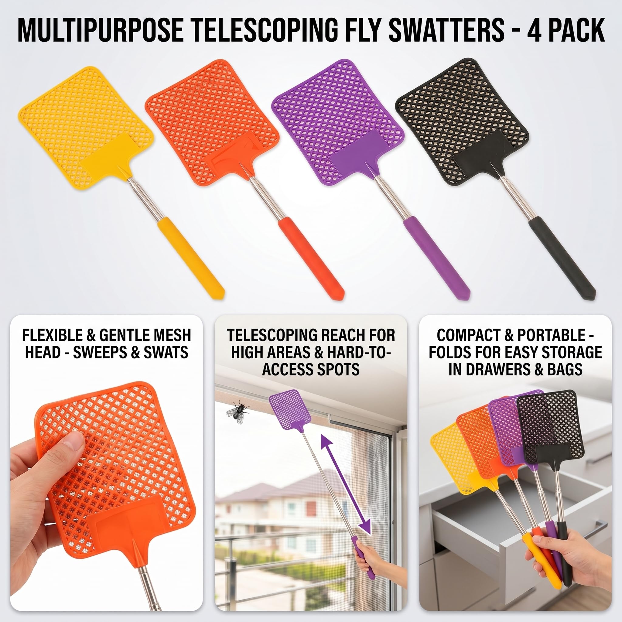 Scacciamosche telescopico Estensibile 4 Pezzi swatter zanzare Insetti a Mano 27.5-76 cm Colori Assortiti Uso Interno Esterno casa Ufficio Viaggio