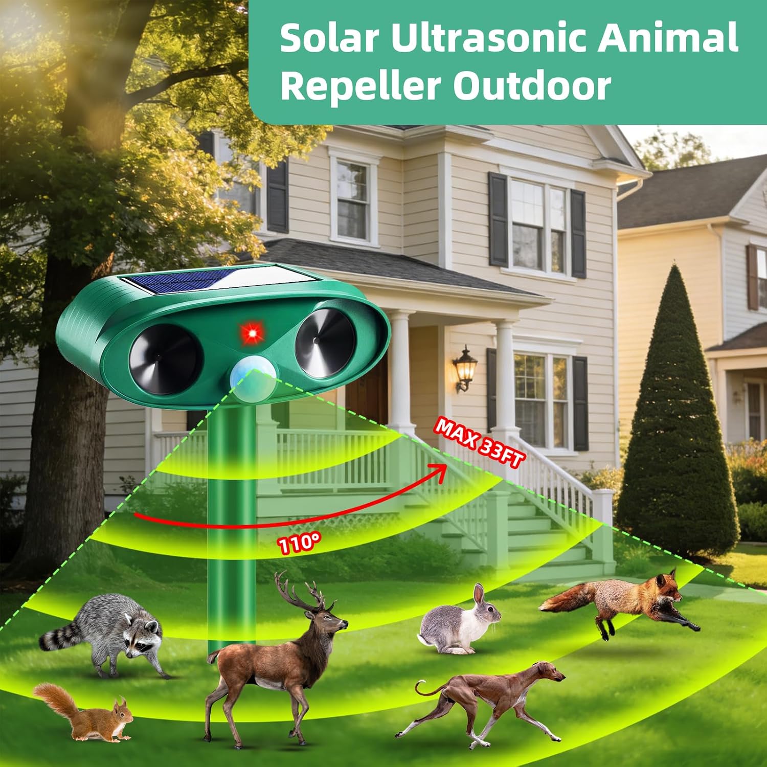 2 Pack Solar Ultrasonic Animal Repeller Outdoor - Sonic Fortress Pro Deer Repellent Weatherproof with Motion Sensor & USB Charging,Deter Cats,Squirrels,Racoons,Rabbits,Skunks Humanely for Yard Garden