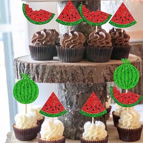 Miniatura 4 de Paquete de 24 adornos de sandía para cupcakes con purpurina de verano tropicales para cupcakes, sandía, baby shower, decoración de pasteles para