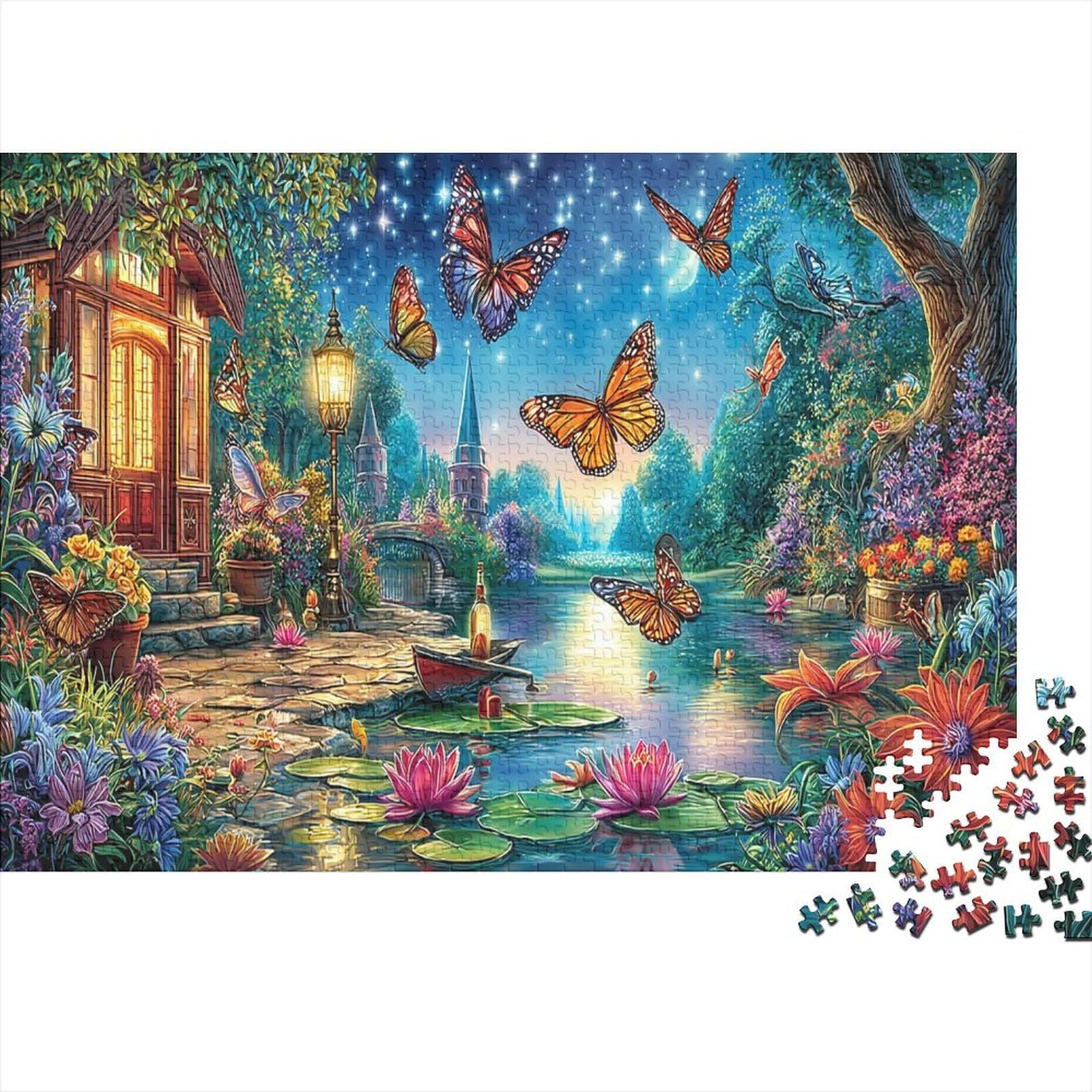 ButterfliesAndLotus Jigsaw FantasyWaterPuzzle 1000 Pieces Recycled Paper for Family Friends Jigsaw Puzzles Educational Challenge Family Game 70x50cm/1000pcs