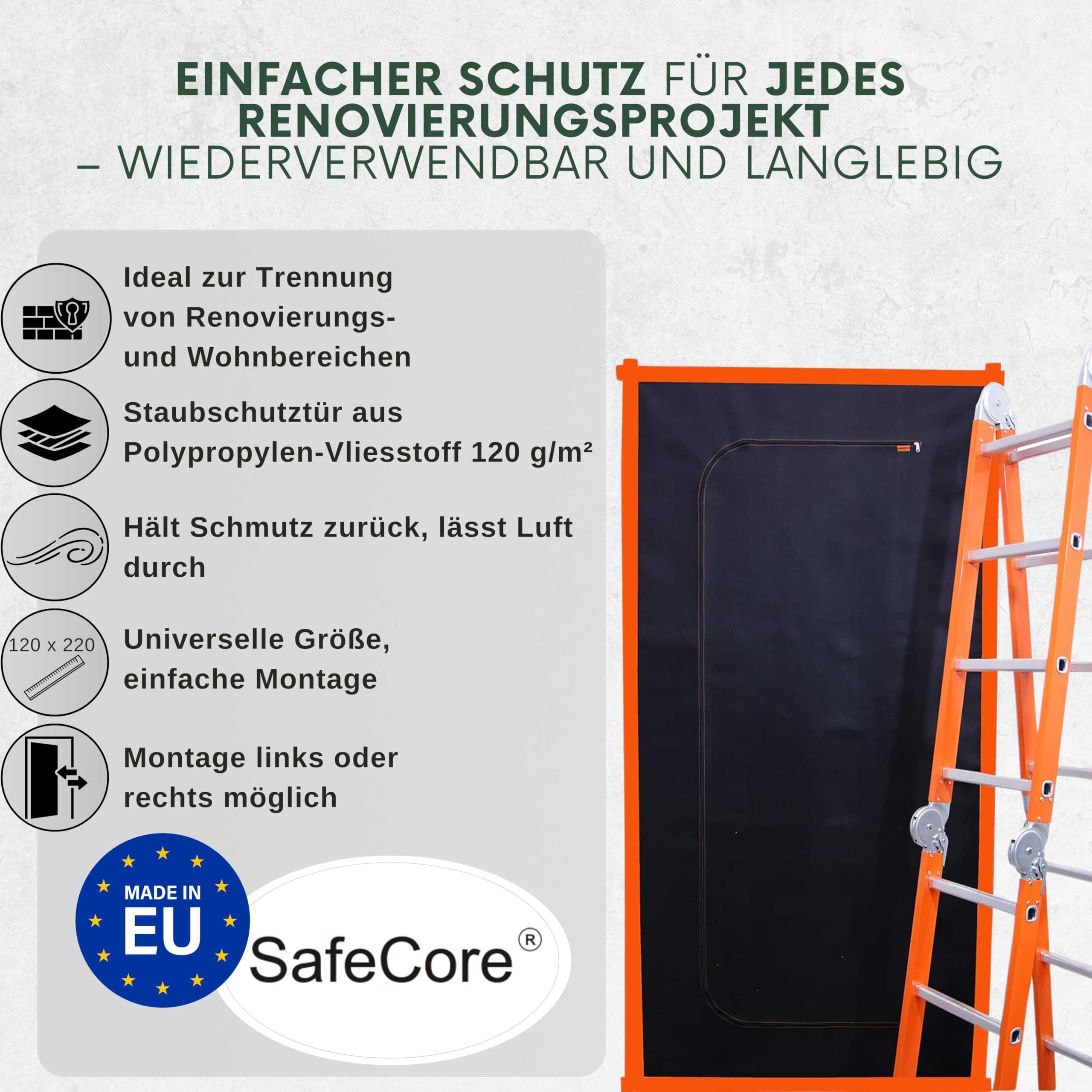 SafeCore Staubschutztür 220x110 cm 2er-Set, doppelseitiger Reißverschluss | Polypropylen-Vliesstoff, staubdicht, Renovierung Baustelle, flexible Bautür, beidseitiger Zugang