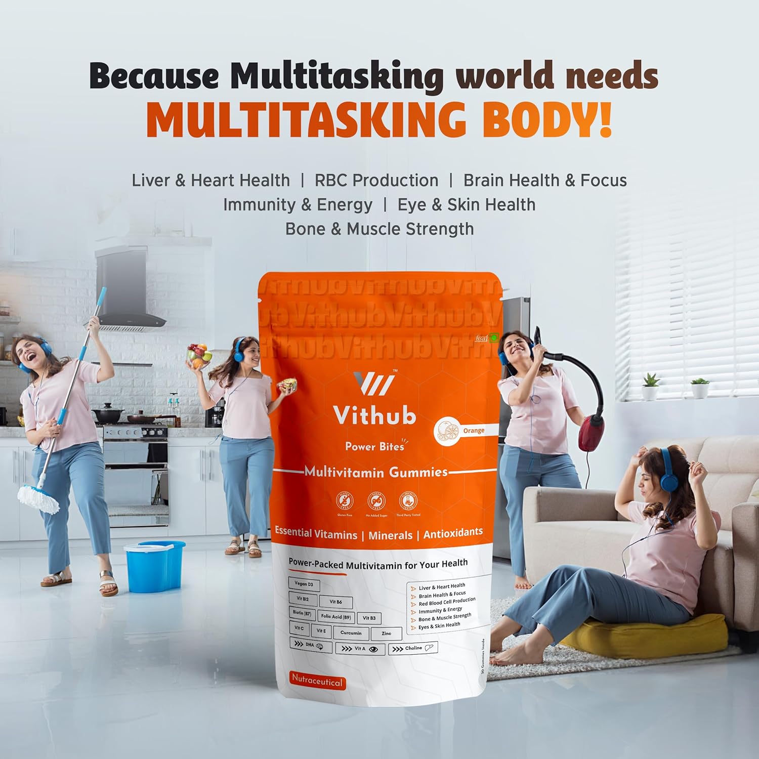 Vithub Multivitamin Gums for Daily Energy and Welfare | 30 days pack | Vitamin A, B Complex, C, D3, E, Zinc with zinc folic acid, DHA for brain, choline and curcumine. Zesty Orange Taste | Any couple sugar | One day Third party test | Vegetarian | NABL certified Vithub Multivitamin Gums for Daily Energy and Welfare | 30 days pack | Vitamin A, B Complex, C, D3, E, Zinc with zinc folic acid, DHA for brain, choline and curcumine. Zesty Orange Taste | Any couple sugar | One day Third party test | Vegetarian | NABL certified