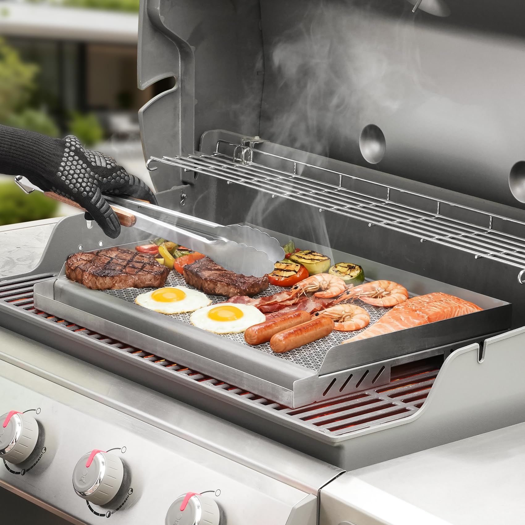onlyfire Nieprzywierająca hybrydowa płyta grillowa/plancha, płyta grillowa ze stali nierdzewnej z korytem na tłuszcz, do większości grilli gazowych i węglowych, płyta grzewcza z powłoką o strukturze