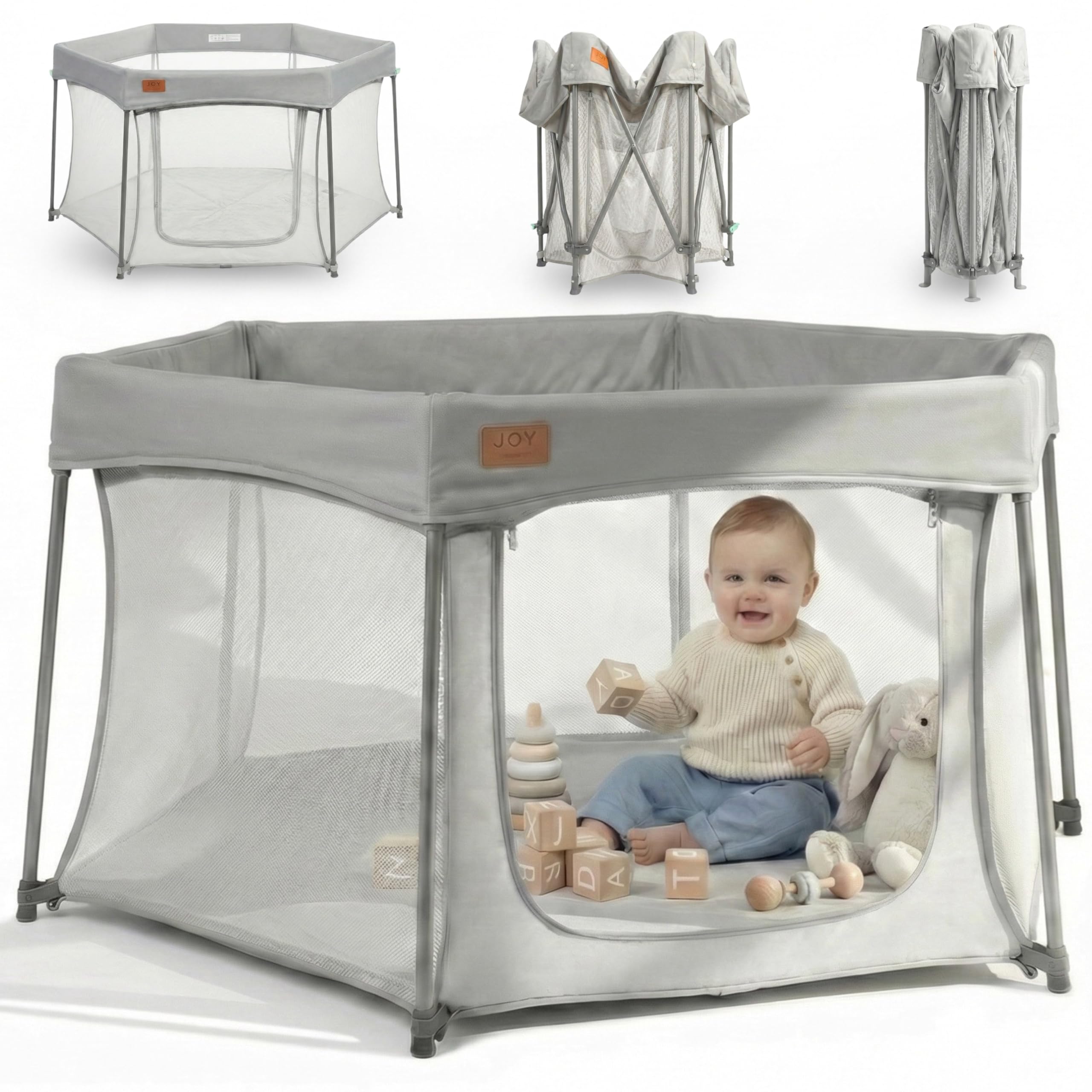 Venture All Stars Joy Award-Winning Foldable Baby Playpen – Large, Portable Play Pen for Babies & Toddlers, Breathable Mesh & Fitted Mat, Easy to Set Up, Includes Travel Bag - Silver (6-36 Months)