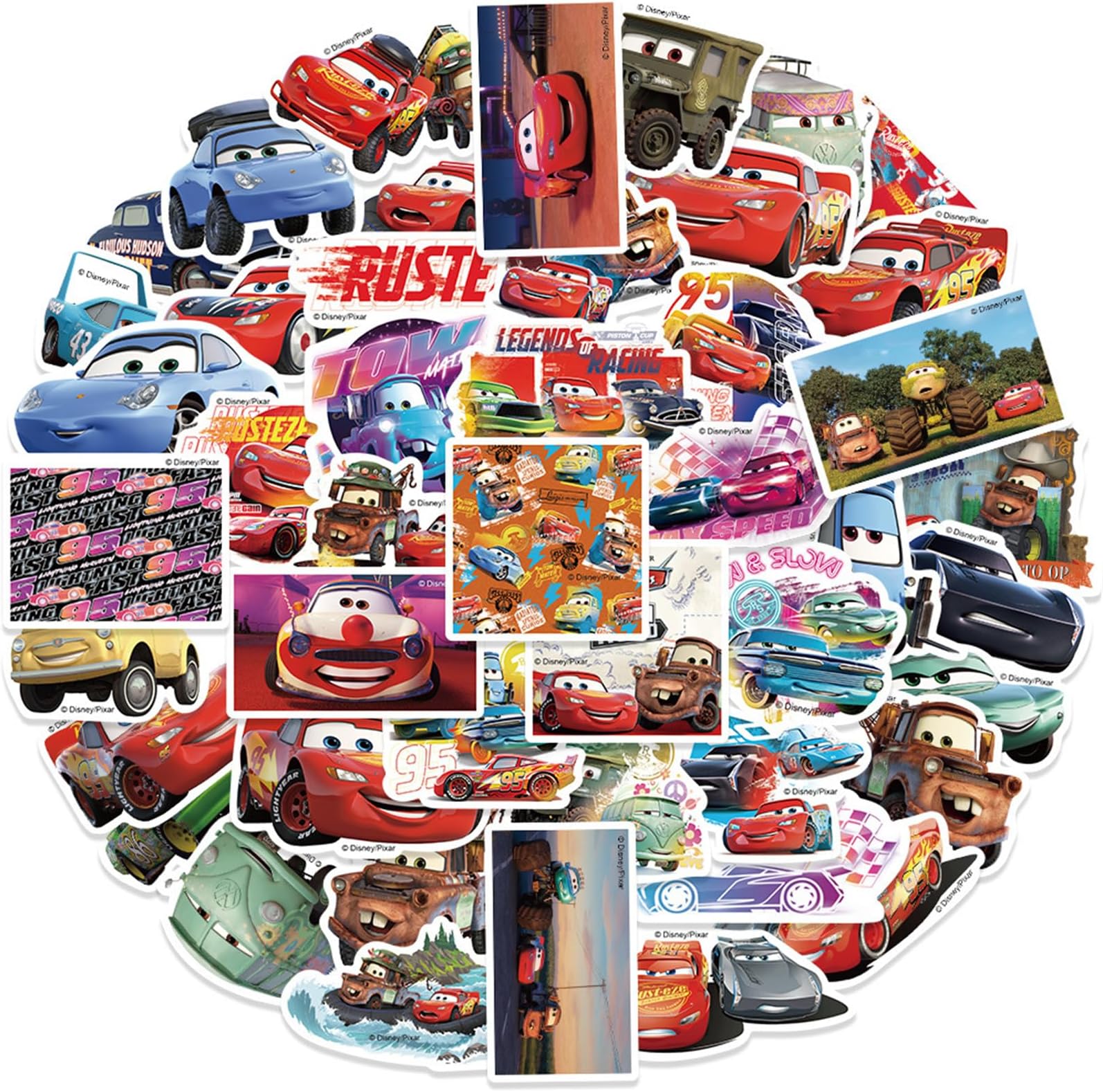 50Pcs Cartoon Cars Stickers for Kids Disney Movie Stickers Cute Cartoon Characters Stickers for Kids Teens Adults Waterproof Vinyl American Cartoon Cars Stickers for Water Bottle Laptop Luggage (Cars)