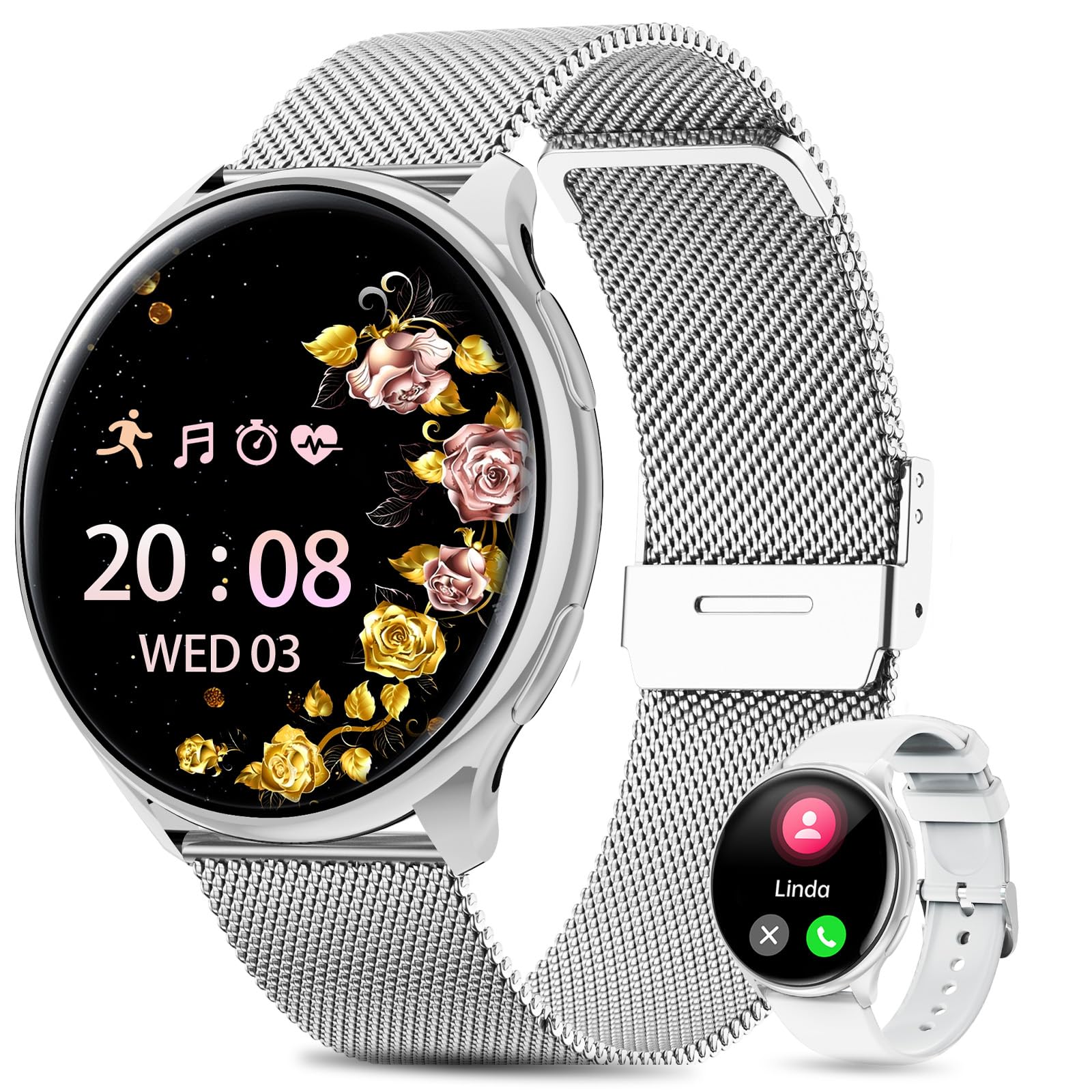 QEYUMYEU 2025 Smartwatch Donna con ET/HRV/SIRI - 1.39" TFT Orologio con Chiamate, 24H Sonno Cardiofrequenzimetro, SpO2, Ciclo Mestruale, IP68, Monitoraggio Fitness, per Android & iOS (Argento)